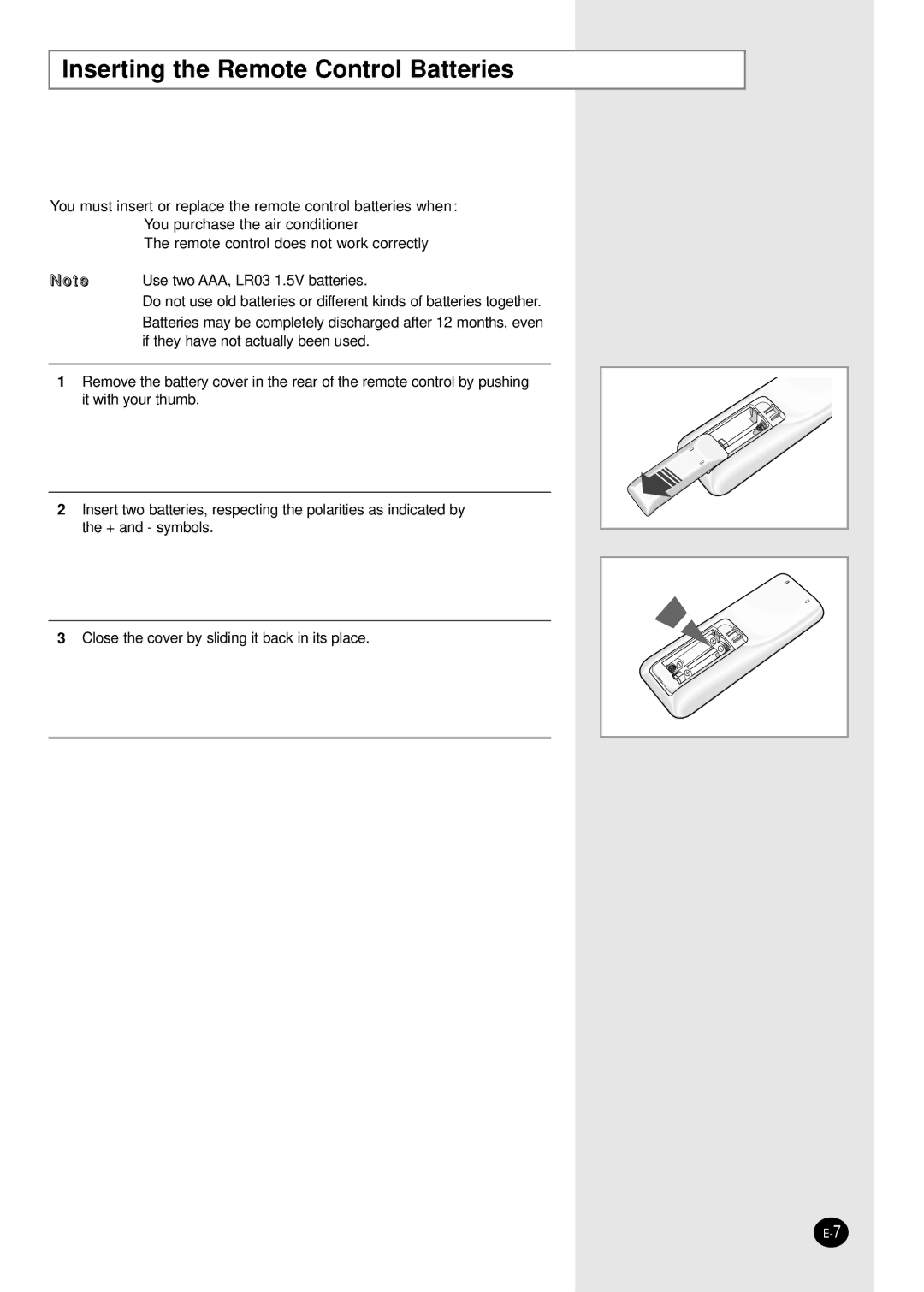 Samsung AS24CM2N, AS09CM1X, AS09CM2X, AS09CM2N, AS09CM1N, AS18CM1N, AS18CM2N, AS24CM1X Inserting the Remote Control Batteries 