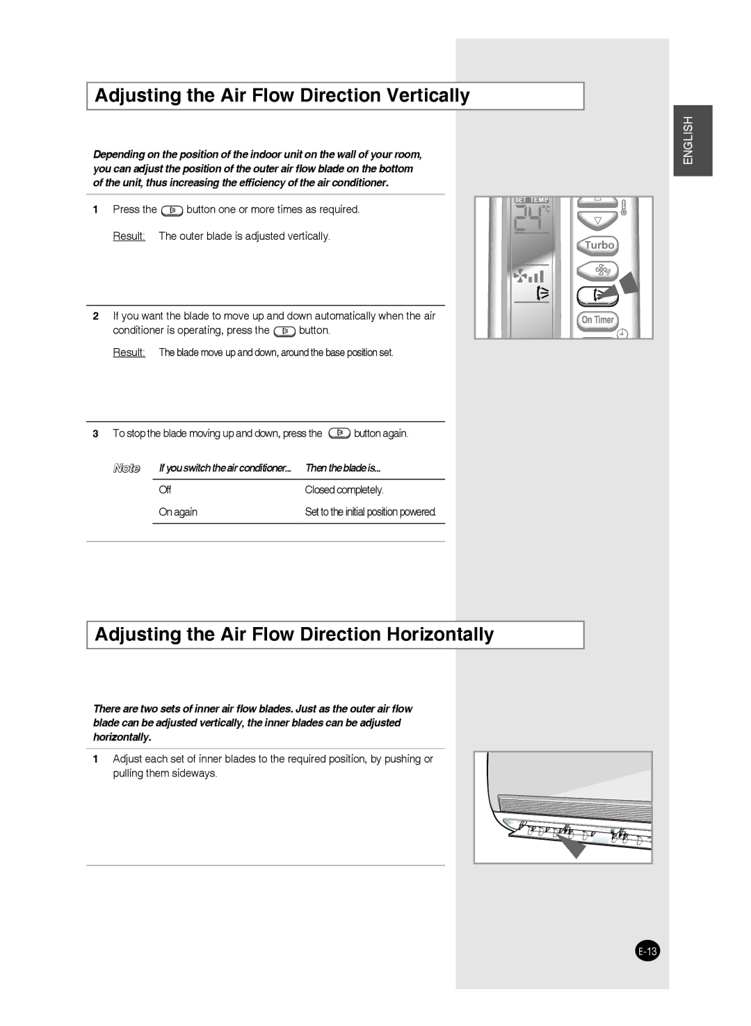 Samsung AS24J, AS09F, AS24W Adjusting the Air Flow Direction Vertically, Adjusting the Air Flow Direction Horizontally 