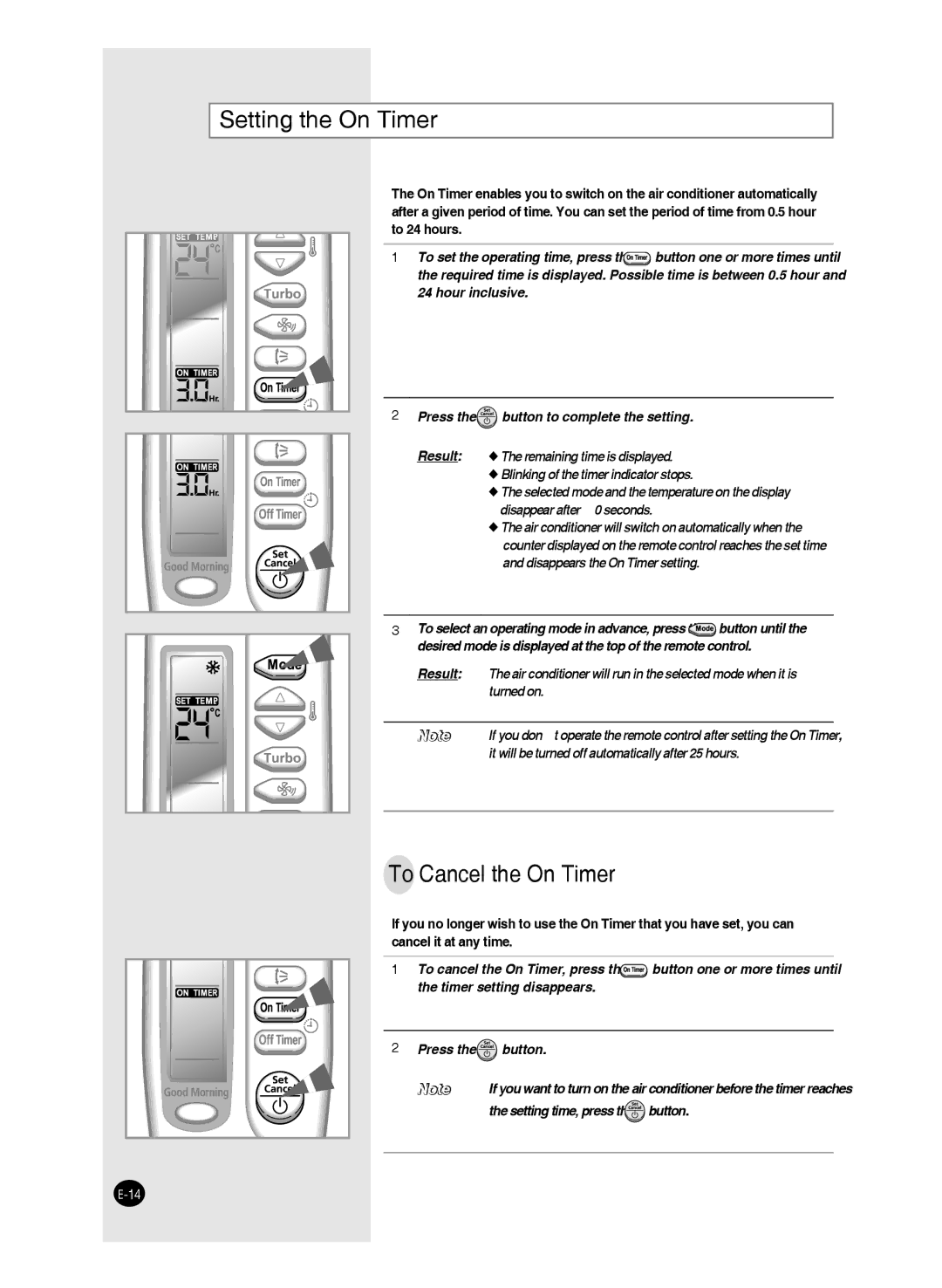 Samsung AS24W Setting the On Timer, To Cancel the On Timer, Turned on, It will be turned off automatically after 25 hours 