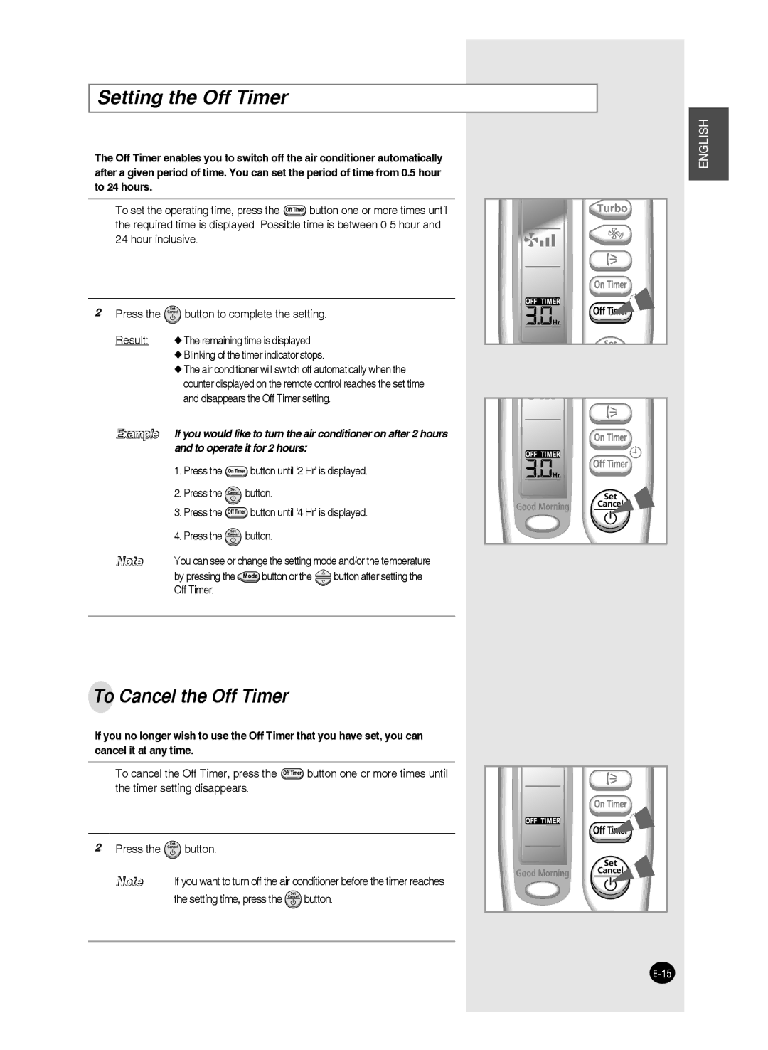 Samsung AS24F, AS09F, AS24J, AS24W, AS18J, AS18W, AS12W Setting the Off Timer, To Cancel the Off Timer, By pressing Button or 