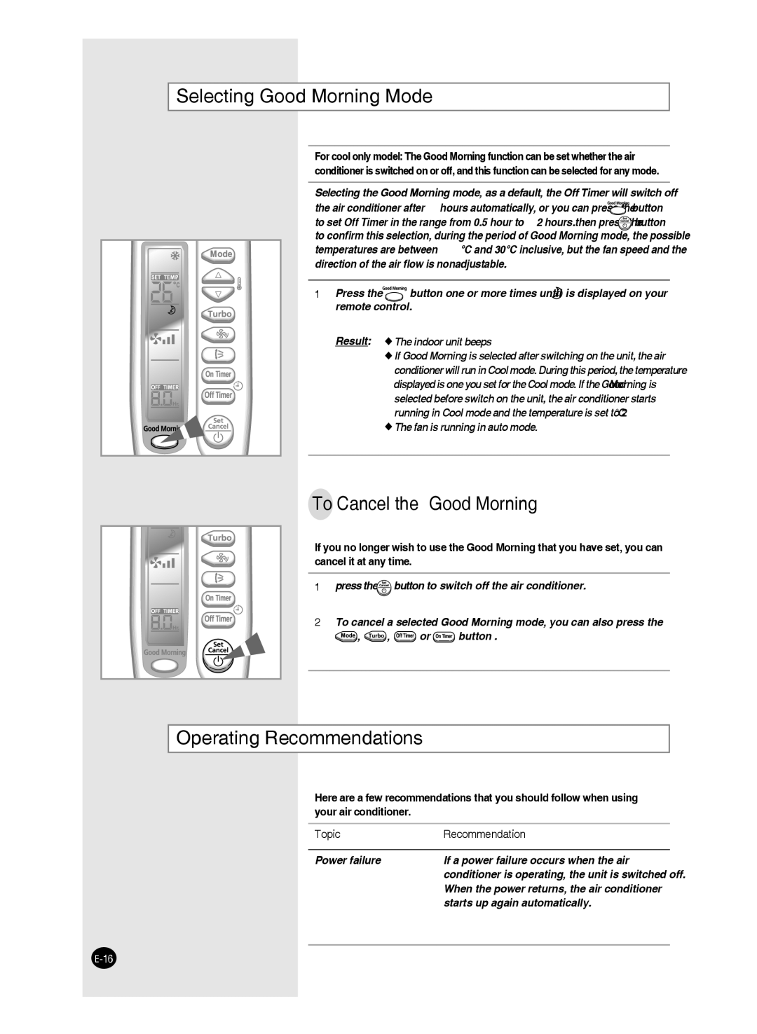 Samsung AS18J, AS09F, AS24J, AS24W, AS24F Selecting Good Morning Mode, To Cancel the Good Morning, Operating Recommendations 