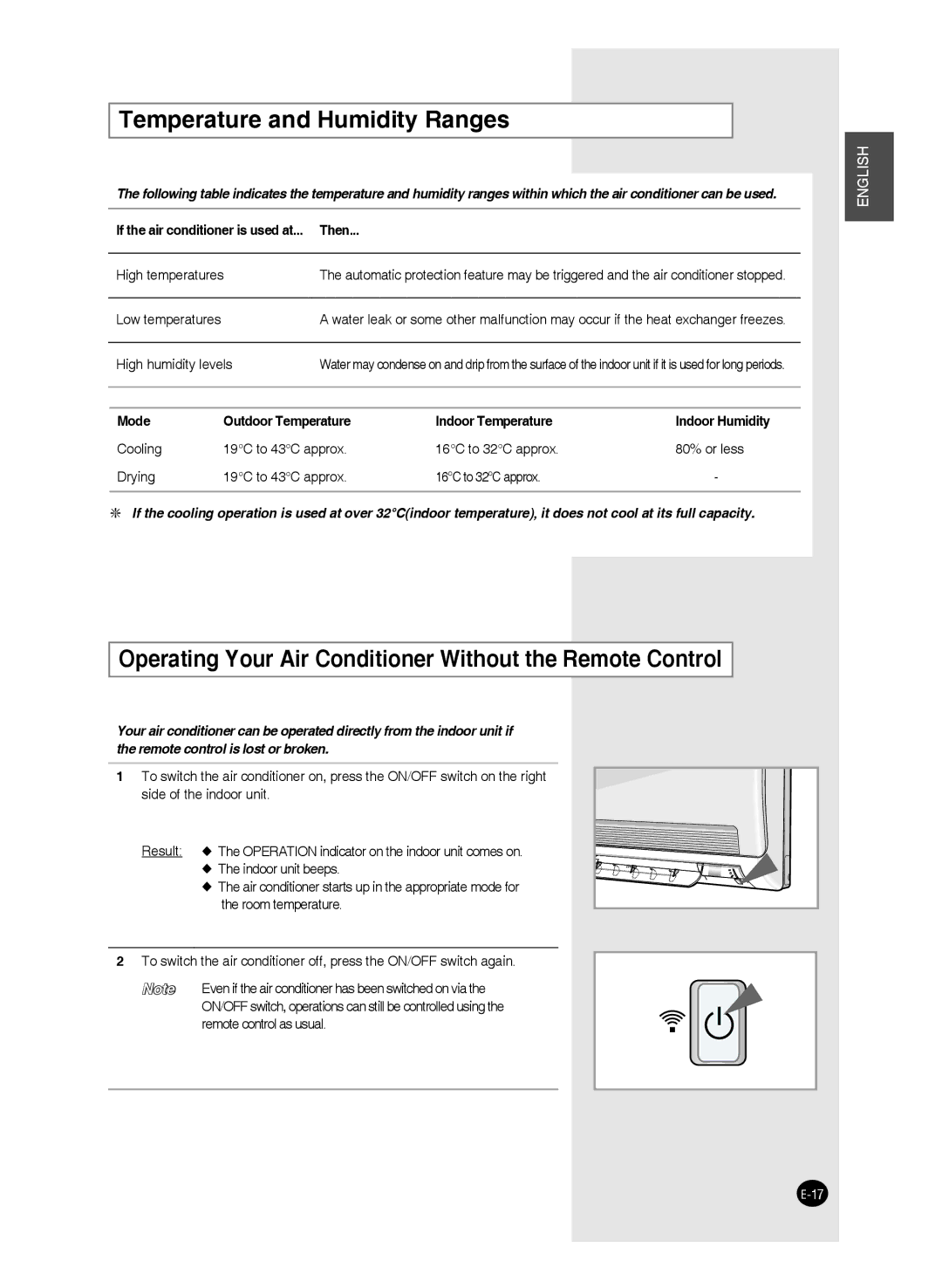 Samsung AS18W Temperature and Humidity Ranges, Operating Your Air Conditioner Without the Remote Control, Low temperatures 