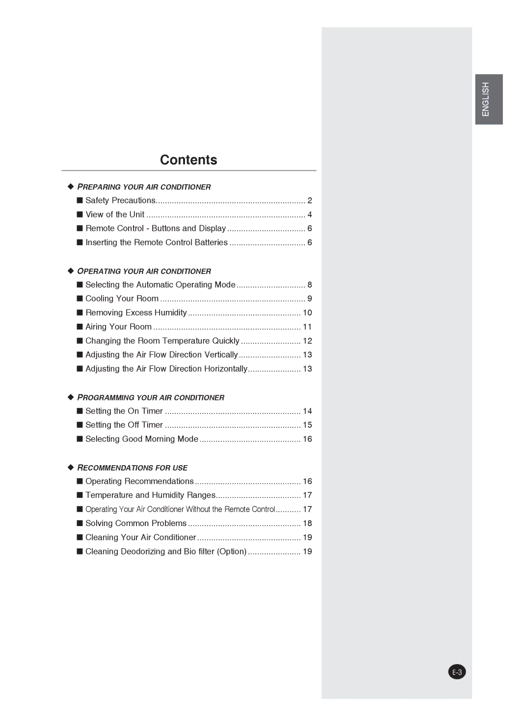 Samsung AS24F, AS09F, AS24J, AS24W, AS18J, AS18W, AS12W, AS18F, AS09J, AS09W, AS12F, AS12J user manual Contents 