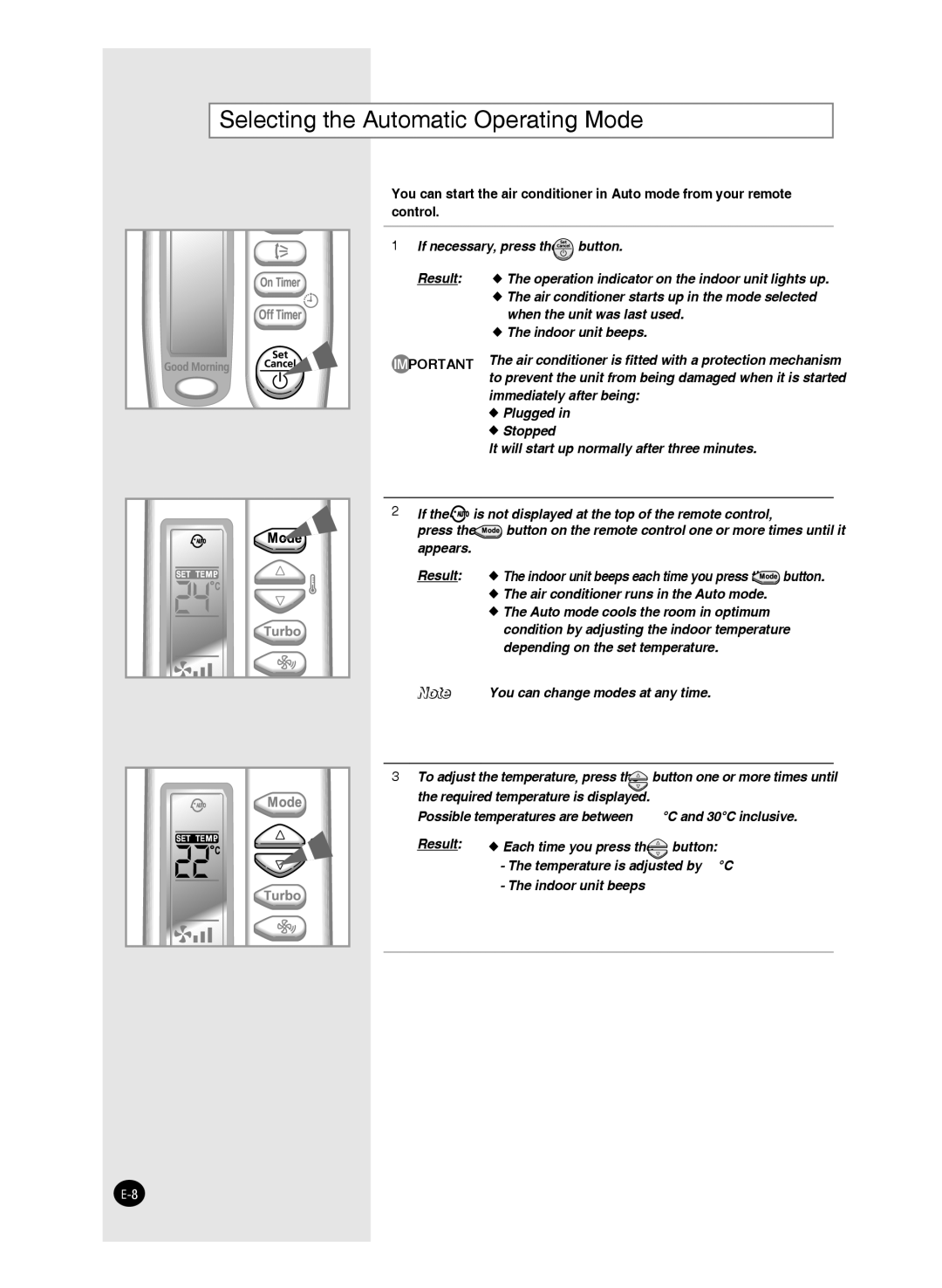 Samsung AS09J, AS09F, AS24J, AS24W, AS24F, AS18J, AS18W Selecting the Automatic Operating Mode, If necessary, press the button 