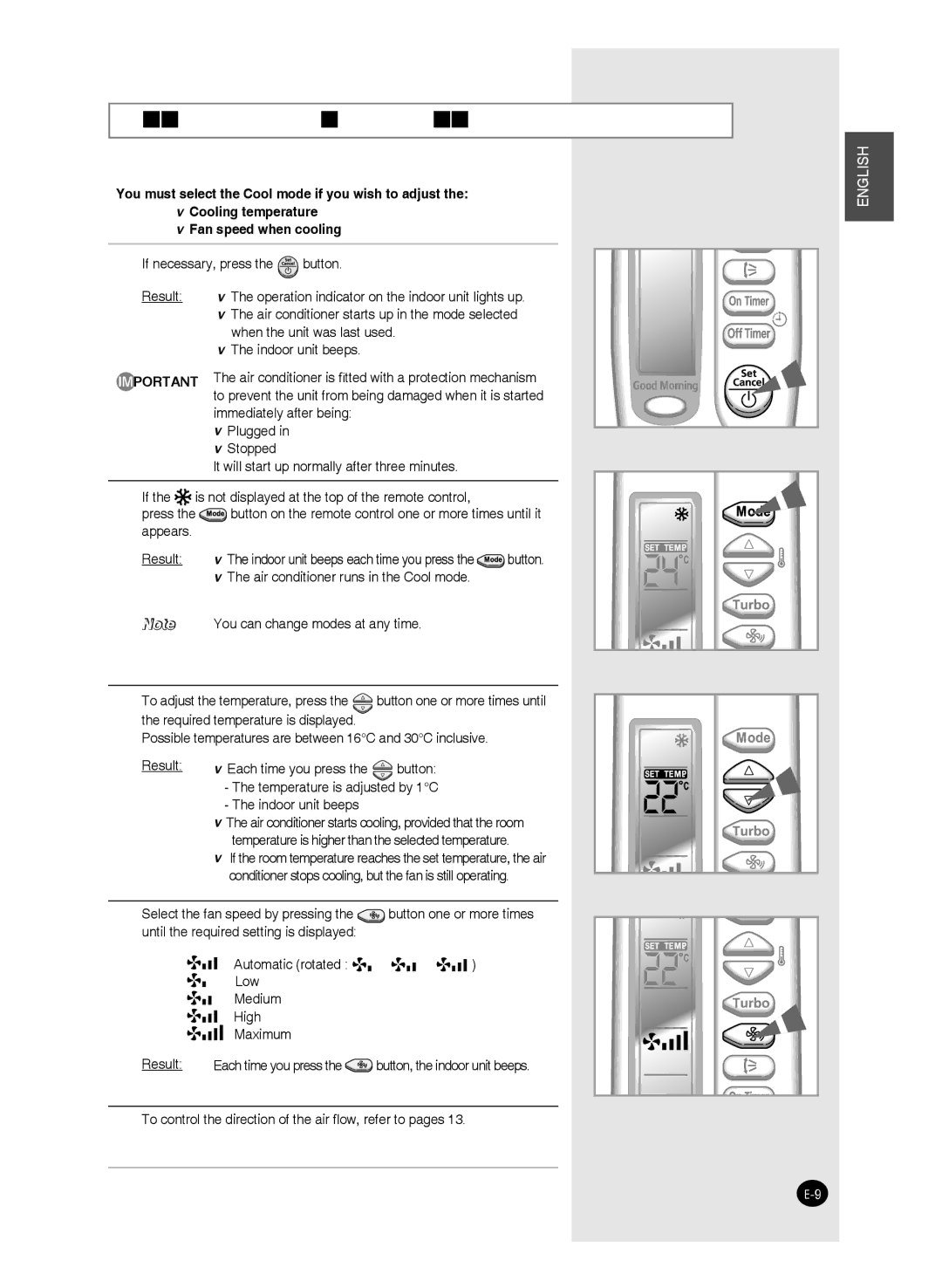 Samsung AS09W, AS09F, AS24J, AS24W, AS24F, AS18J Cooling Your Room, To control the direction of the air ﬂow, refer to pages 