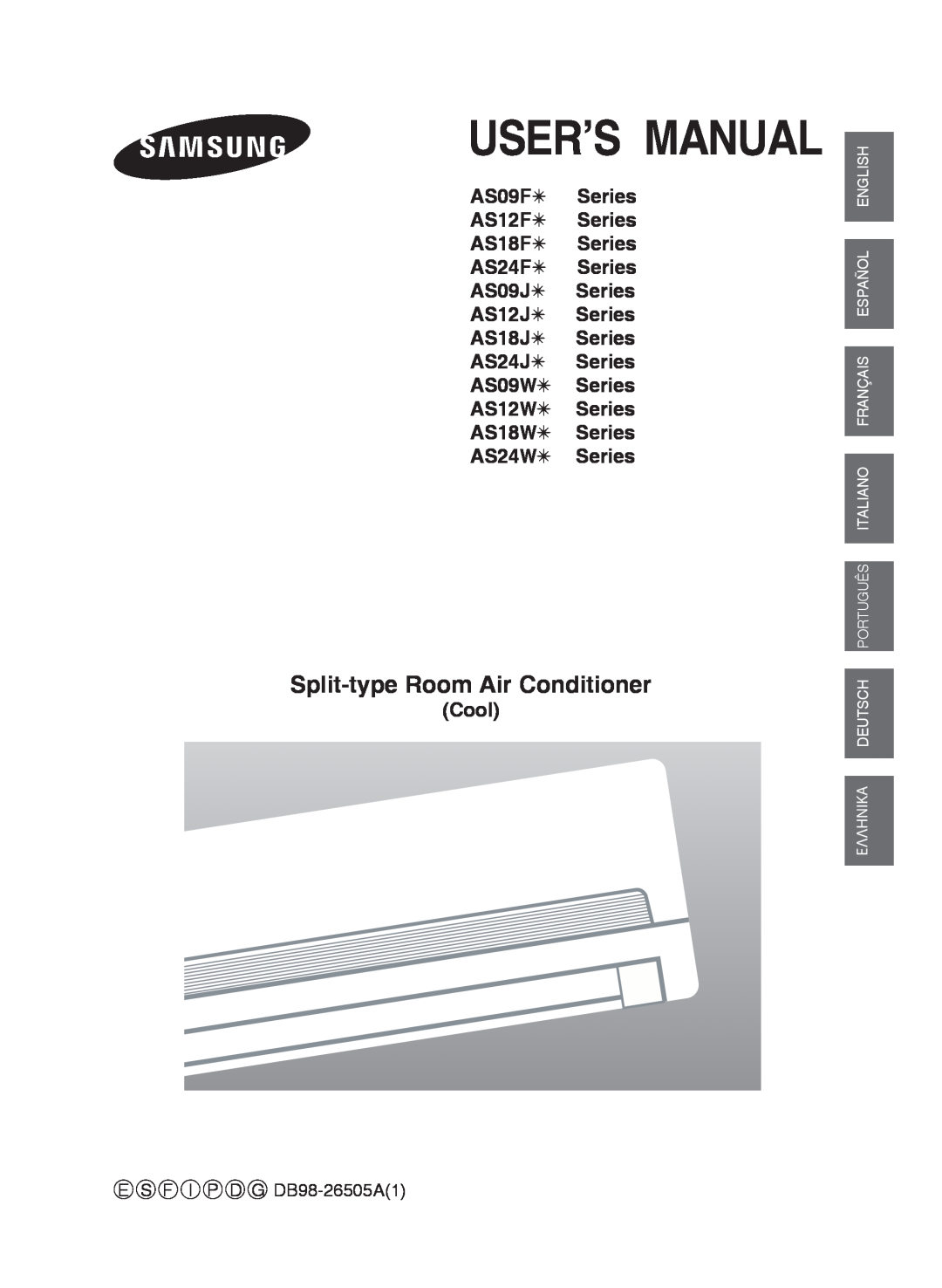 Samsung AS24J, AS24W, AS24F user manual Split-typeRoom Air Conditioner, AS09F Series AS12F Series AS18F Series, Cool 