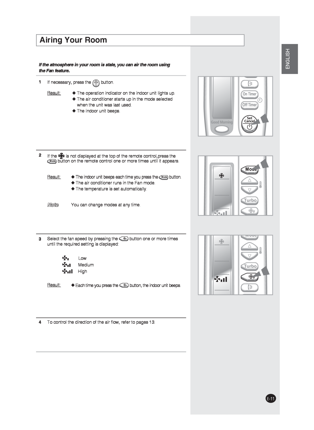 Samsung AS12J, AS09F, AS24J, AS24W, AS24F, AS18J, AS18W, AS12W, AS18F, AS09J, AS09W, AS12F user manual Airing Your Room, English, E-11 