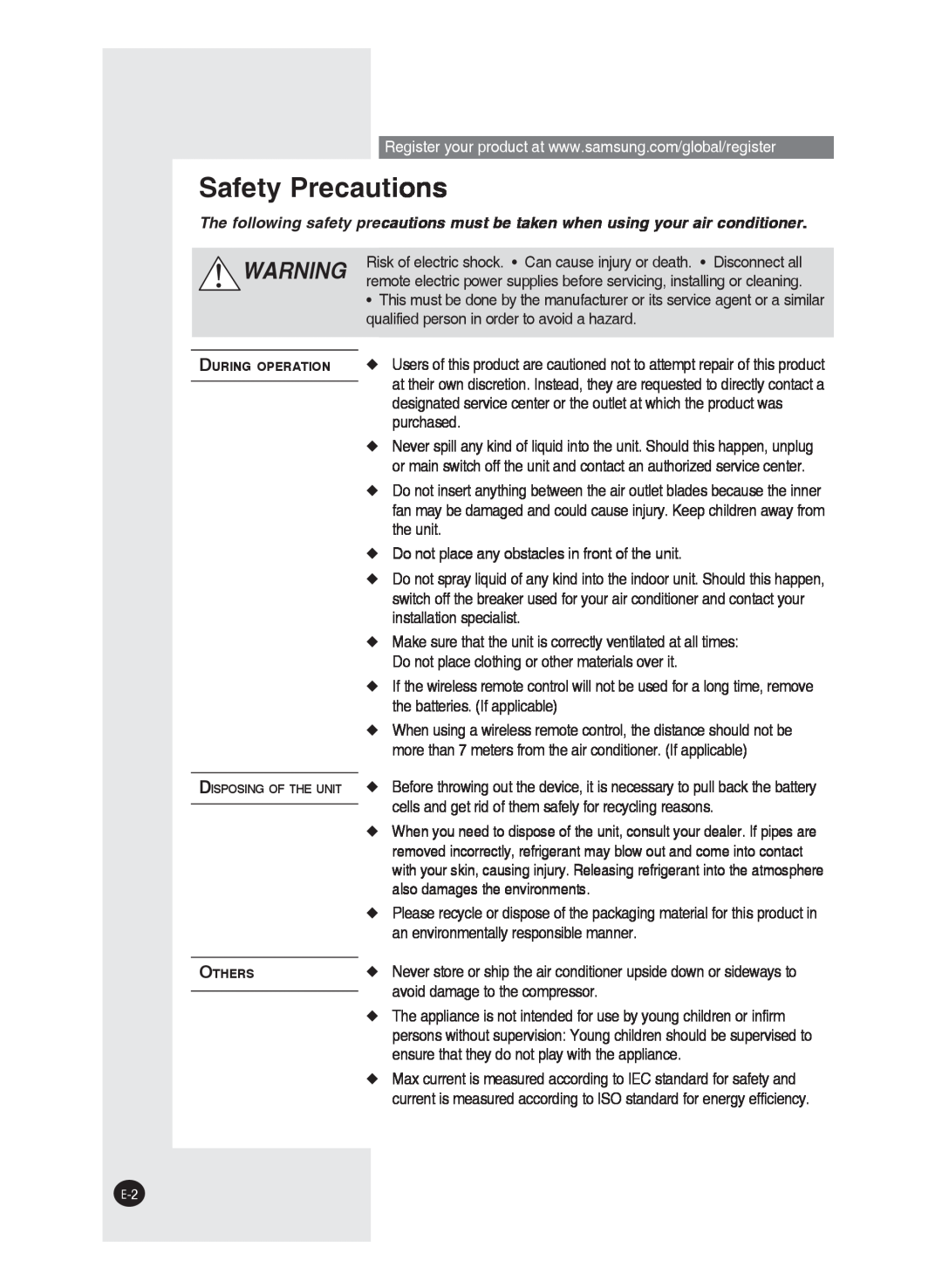 Samsung AS24W, AS09F, AS24J, AS24F, AS18J, AS18W, AS12W, AS18F, AS09J, AS09W, AS12F, AS12J user manual Safety Precautions 