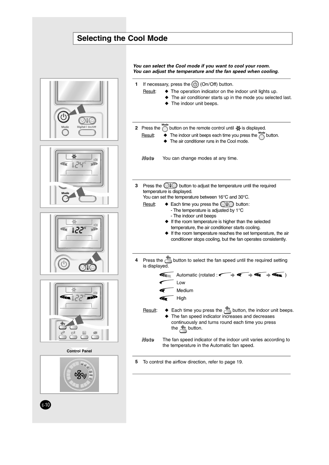 Samsung AS09HM3N/SER, AS24HM3N/SER manual Selecting the Cool Mode 