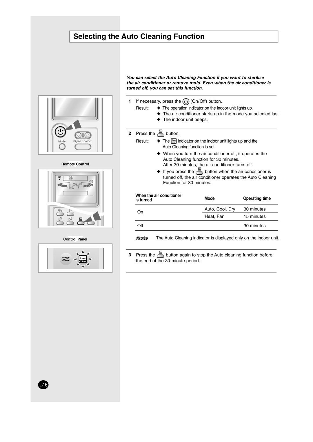 Samsung AS09HM3N/SER manual Selecting the Auto Cleaning Function, When the air conditioner Mode Operating time Is turned 