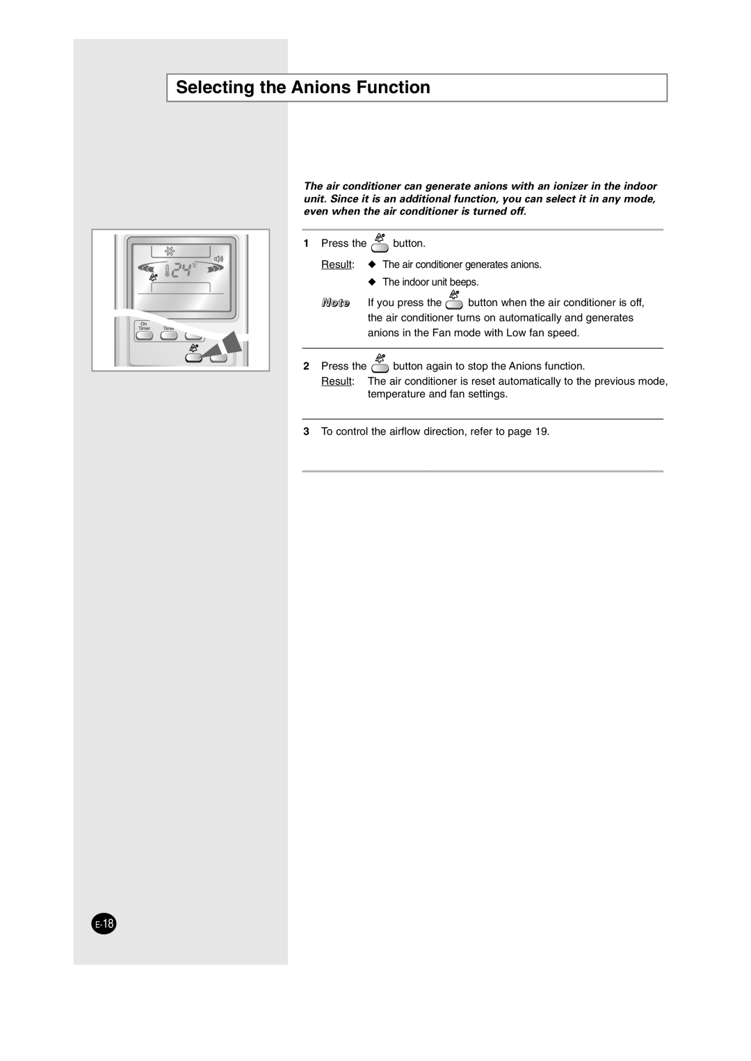 Samsung AS09HM3N/SER, AS24HM3N/SER manual Selecting the Anions Function 