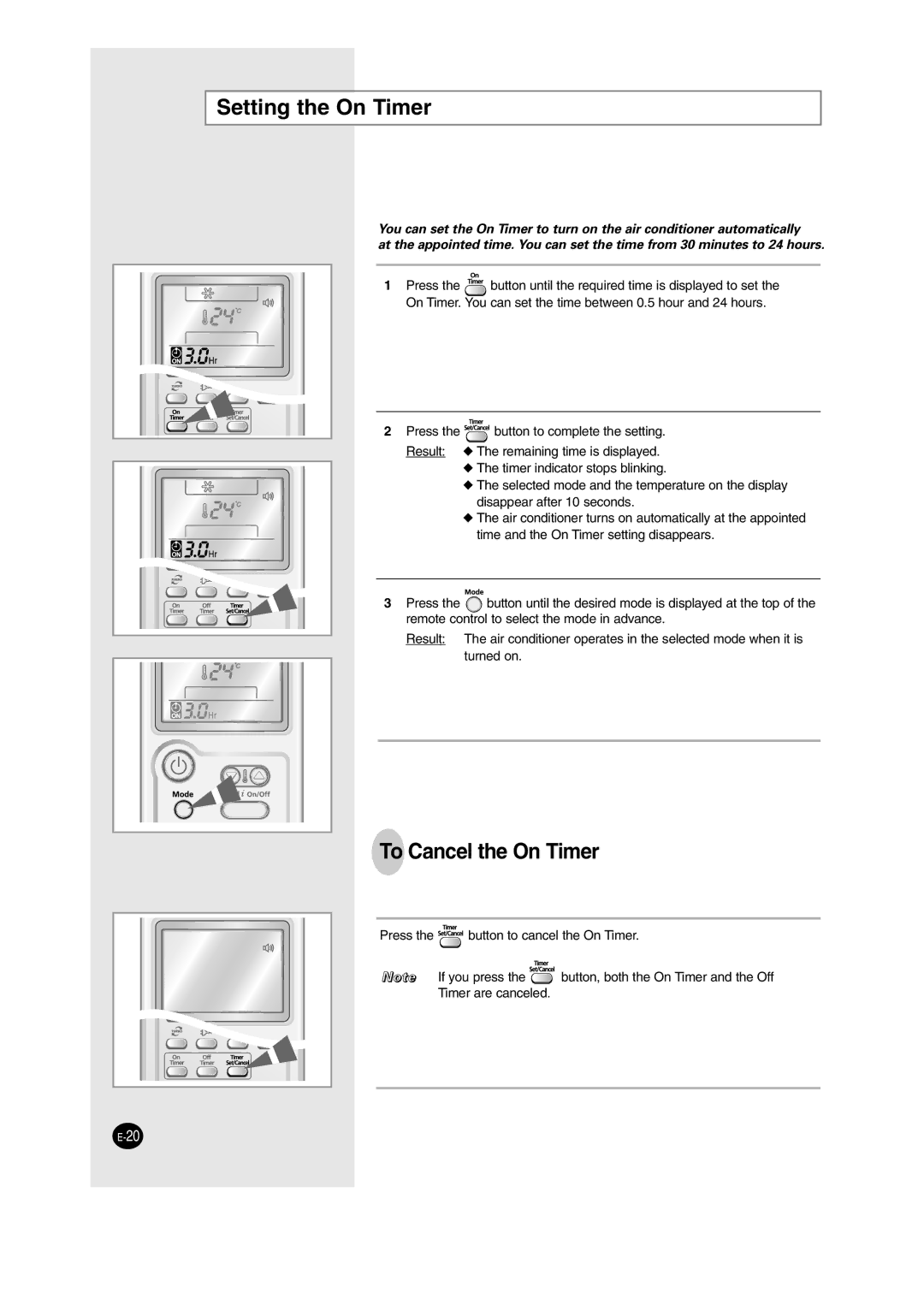 Samsung AS09HM3N/SER, AS24HM3N/SER manual Setting the On Timer, To Cancel the On Timer 