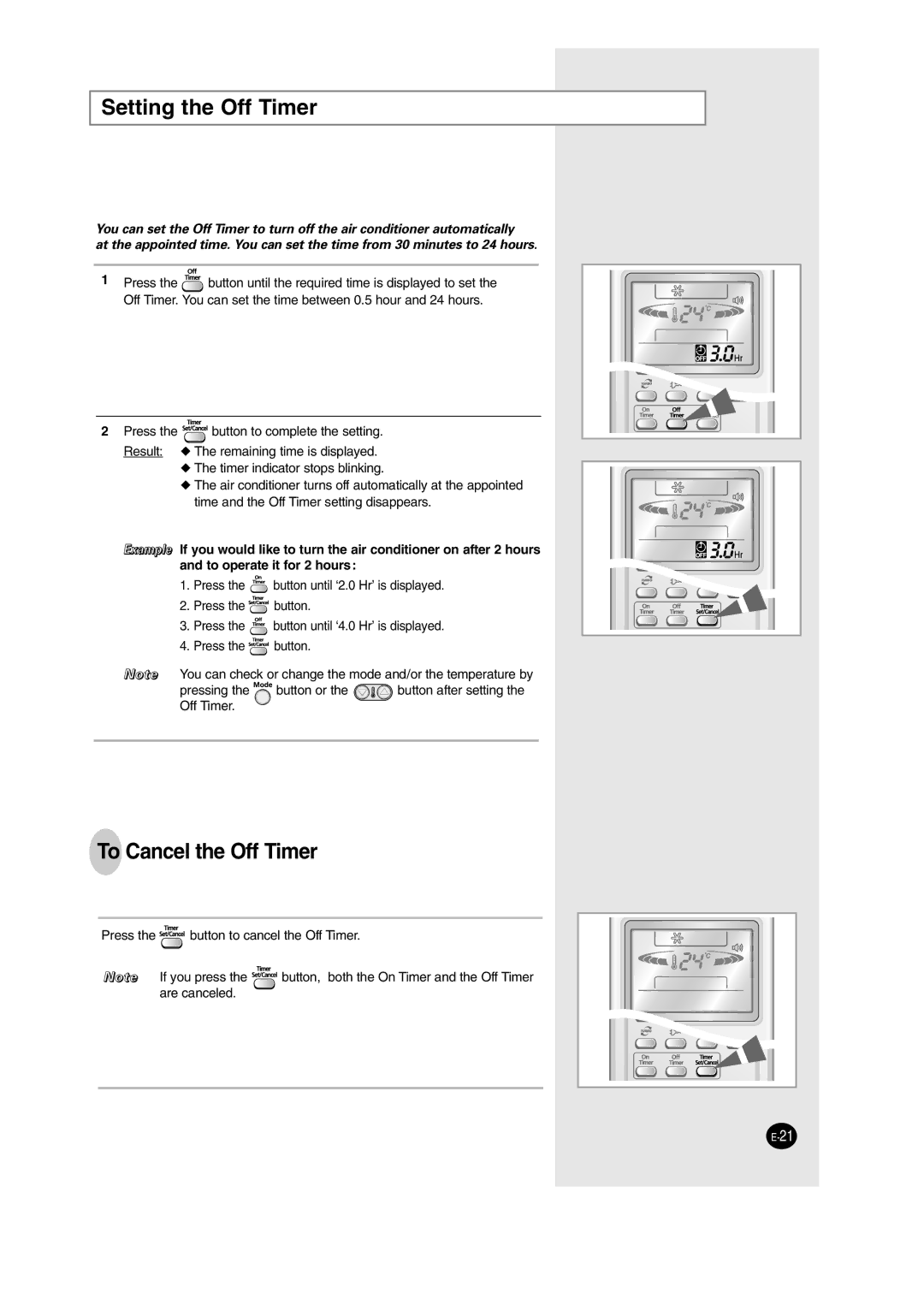 Samsung AS24HM3N/SER, AS09HM3N/SER manual Setting the Off Timer, To Cancel the Off Timer 