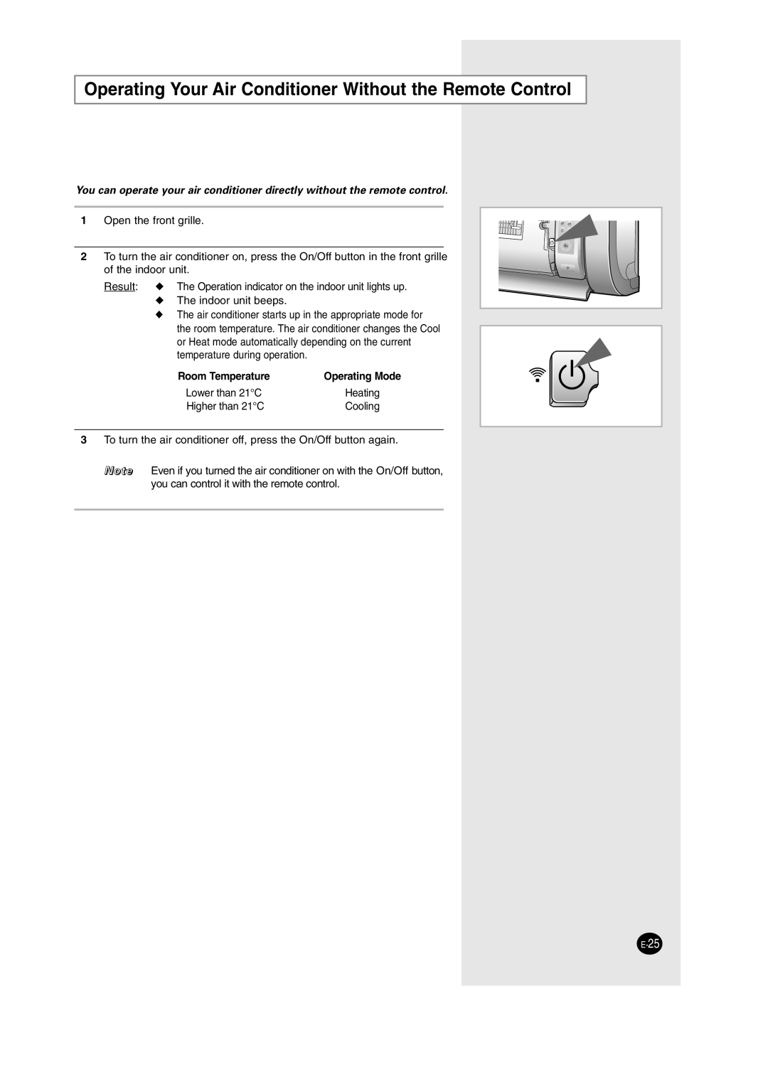 Samsung AS24HM3N/SER, AS09HM3N/SER manual Operating Your Air Conditioner Without the Remote Control 