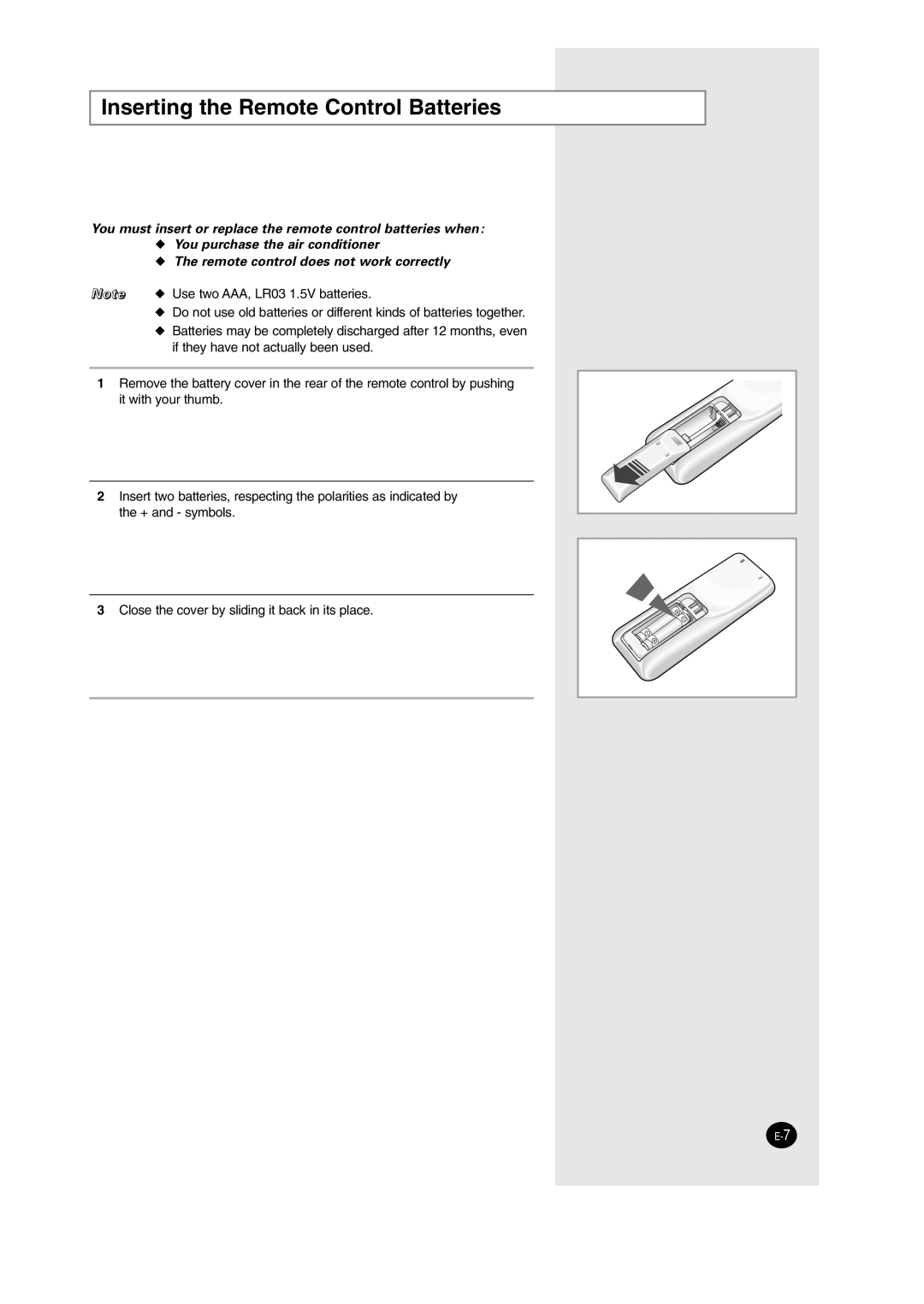 Samsung AS24HM3N/SER, AS09HM3N/SER manual Inserting the Remote Control Batteries 