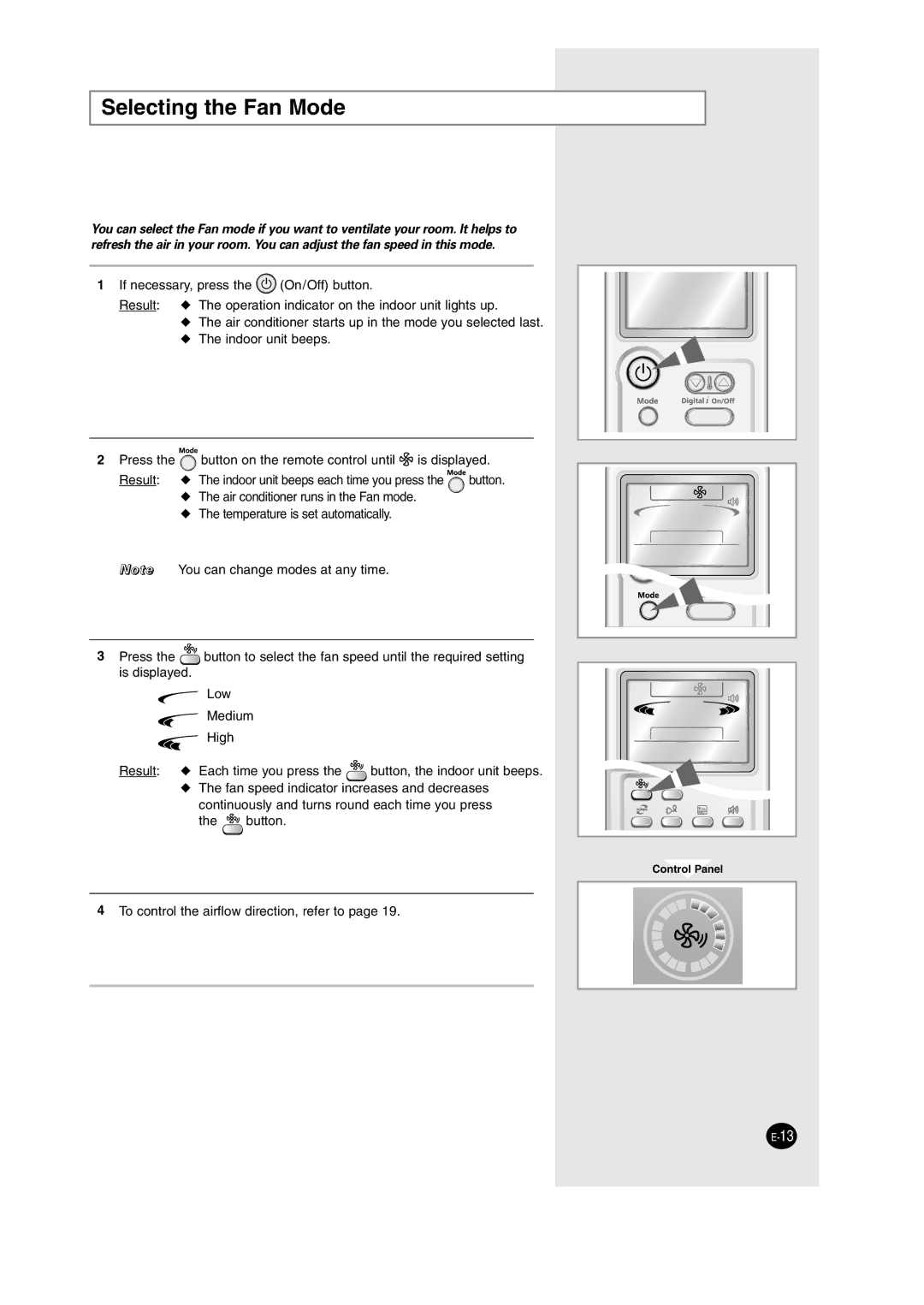 Samsung AS12HM3N/XFO, AS09HM3N/XFO, AS24HM3N/XFO, AS18HM3N/SER, AS18HM3N/XFO, AS12HM3N/SER manual Selecting the Fan Mode 