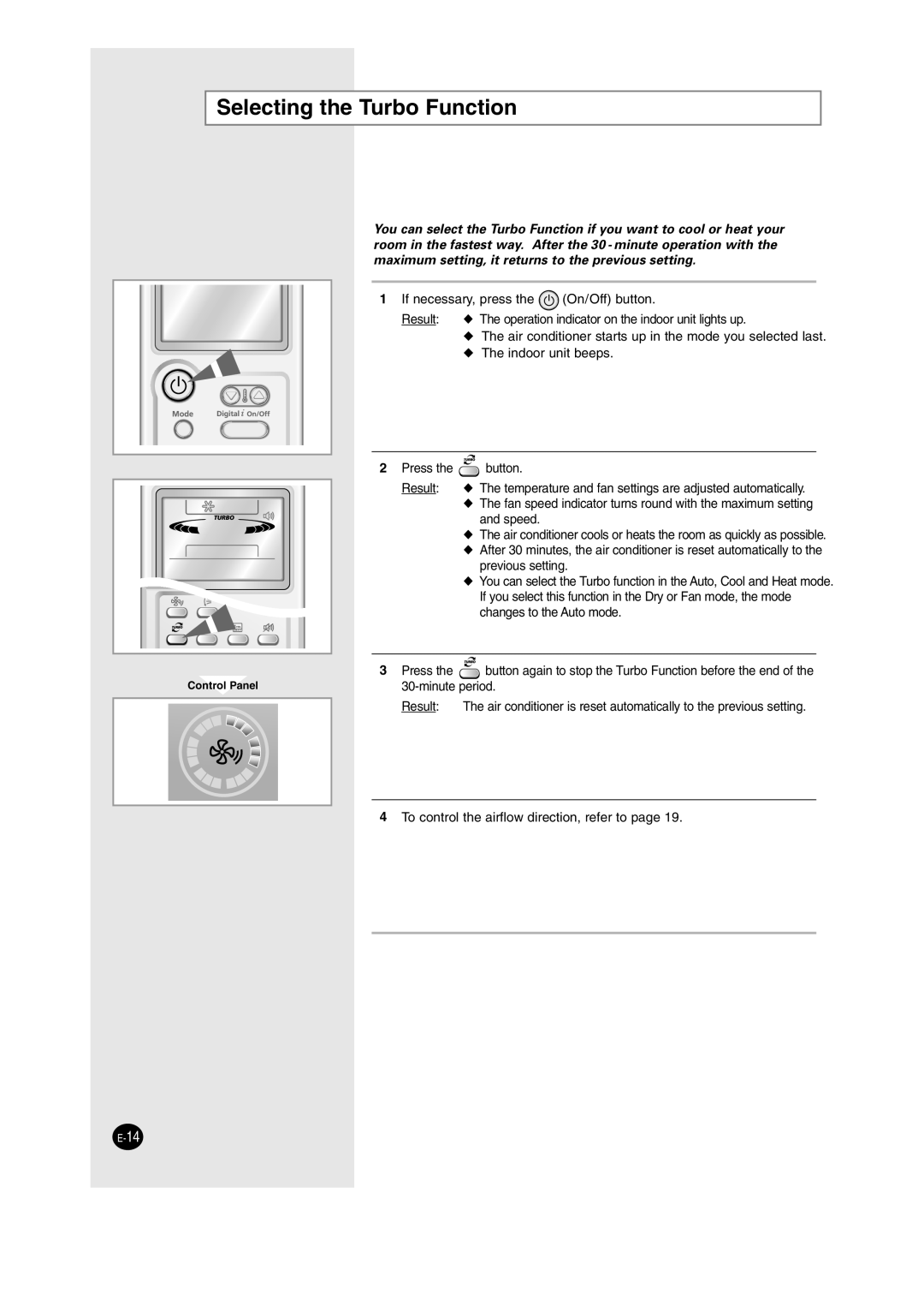 Samsung AS24HM3N/XFO, AS09HM3N/XFO, AS12HM3N/XFO, AS18HM3N/SER, AS18HM3N/XFO, AS12HM3N/SER manual Selecting the Turbo Function 