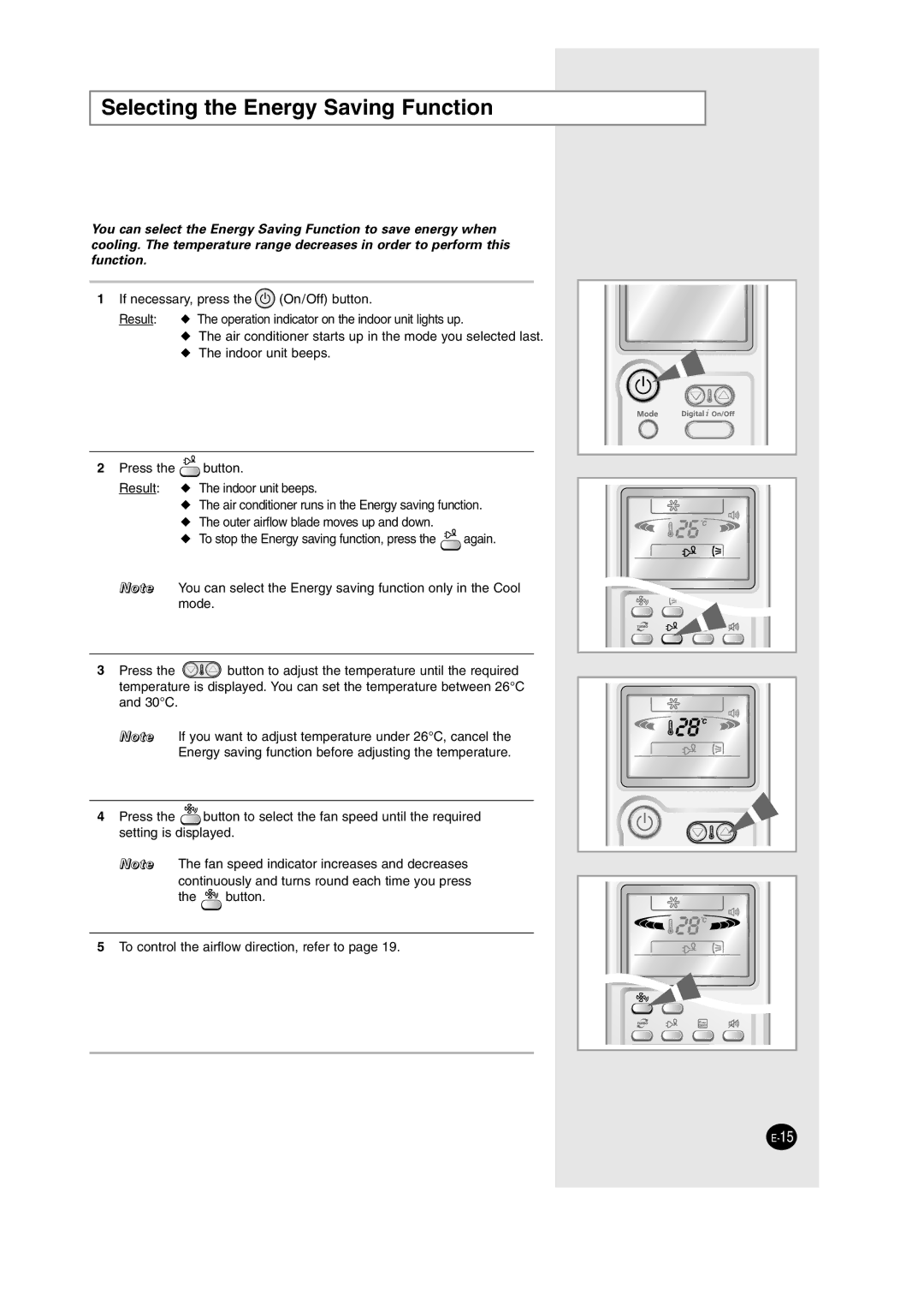 Samsung AS18HM3N/SER, AS09HM3N/XFO, AS12HM3N/XFO, AS24HM3N/XFO, AS18HM3N/XFO manual Selecting the Energy Saving Function 