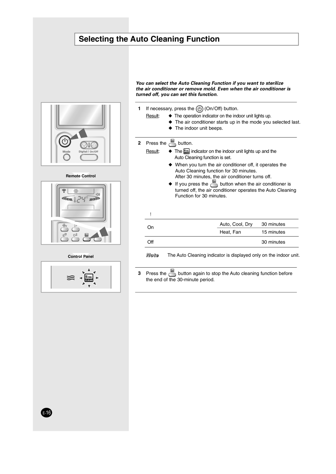 Samsung AS18HM3N/XFO manual Selecting the Auto Cleaning Function, When the air conditioner Mode Operating time Is turned 