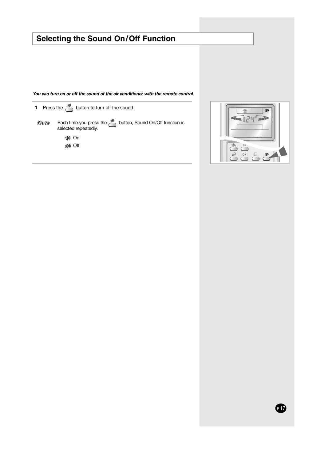 Samsung AS12HM3N/SER, AS09HM3N/XFO, AS12HM3N/XFO, AS24HM3N/XFO, AS18HM3N/SER, AS18HM3N/XFO Selecting the Sound On/Off Function 