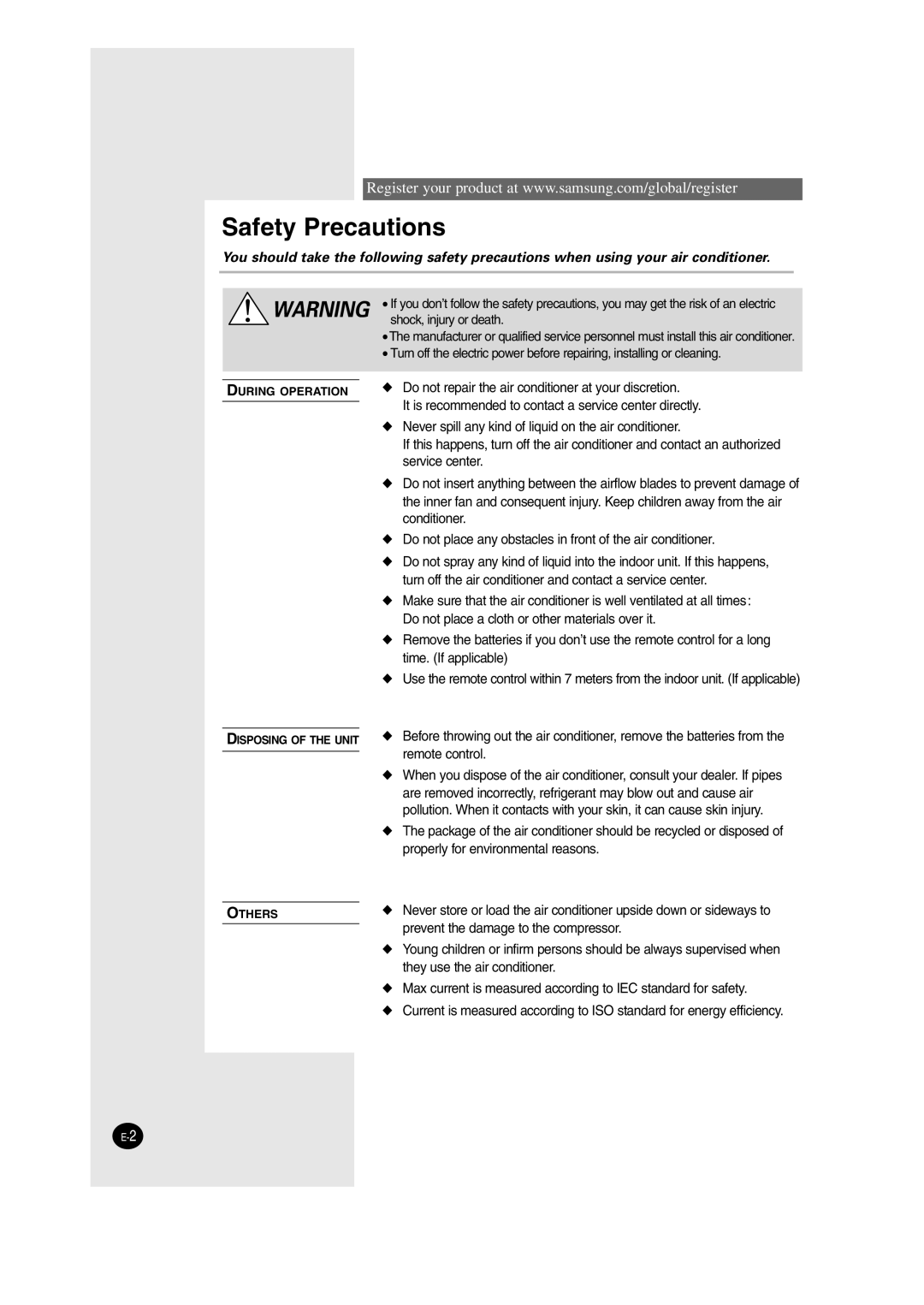 Samsung AS24HM3N/XFO, AS09HM3N/XFO, AS12HM3N/XFO, AS18HM3N/SER, AS18HM3N/XFO, AS12HM3N/SER manual Safety Precautions 