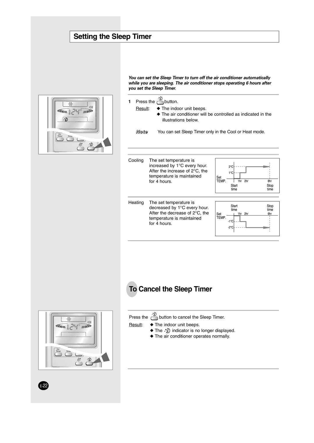 Samsung AS18HM3N/XFO, AS09HM3N/XFO, AS12HM3N/XFO, AS24HM3N/XFO manual Setting the Sleep Timer, To Cancel the Sleep Timer 