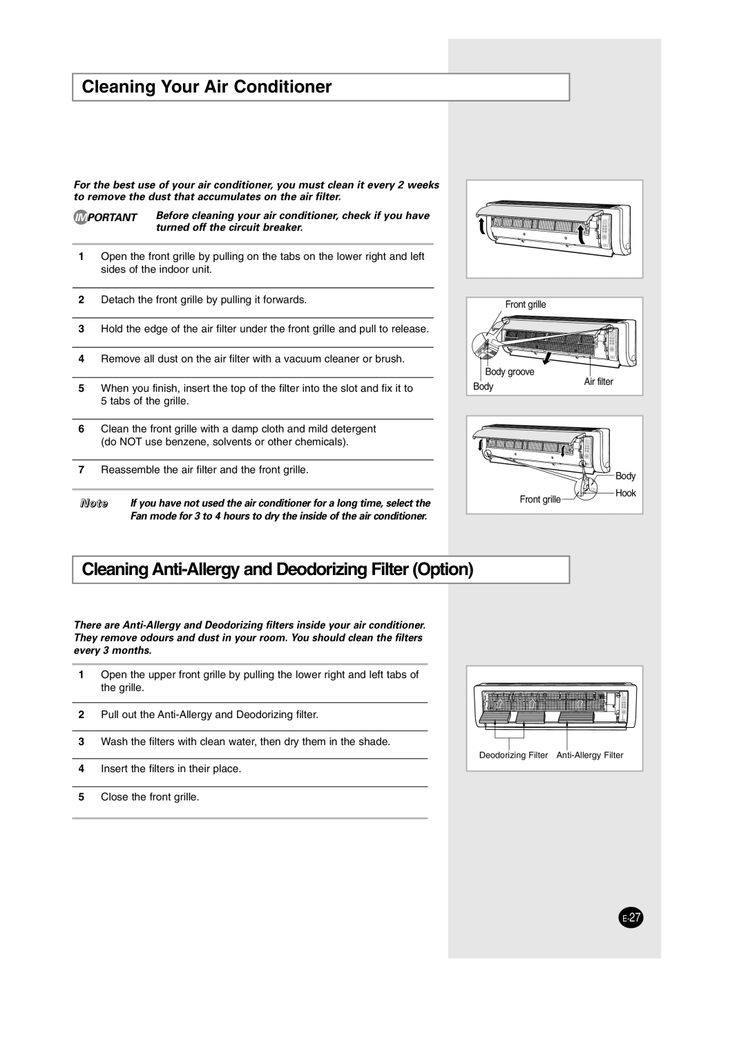 Samsung AS18HM3N/SER, AS09HM3N/XFO manual Cleaning Your Air Conditioner, Cleaning Anti-Allergy and Deodorizing Filter Option 