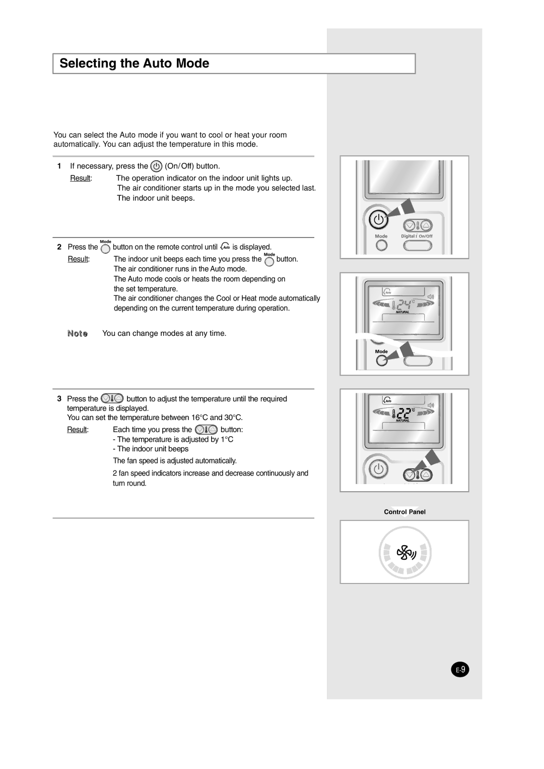 Samsung AS18HM3N/SER, AS09HM3N/XFO, AS12HM3N/XFO, AS24HM3N/XFO, AS18HM3N/XFO, AS12HM3N/SER manual Selecting the Auto Mode 