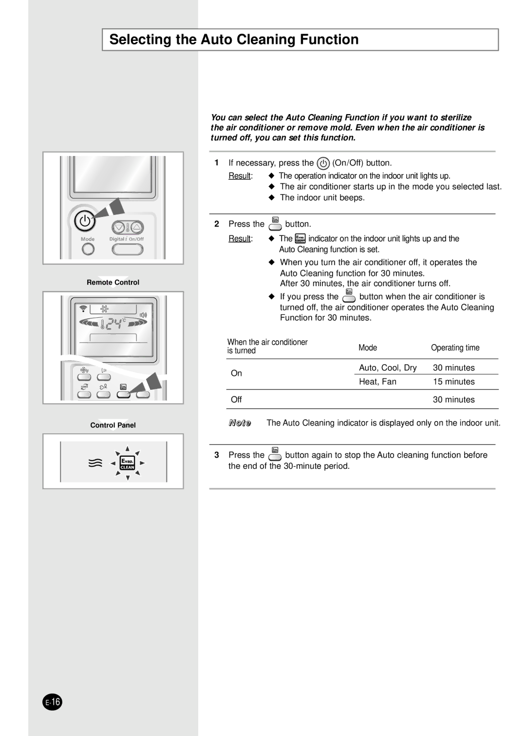 Samsung AS09HPAN, AS09HPAX Selecting the Auto Cleaning Function, When the air conditioner Mode Operating time Is turned 