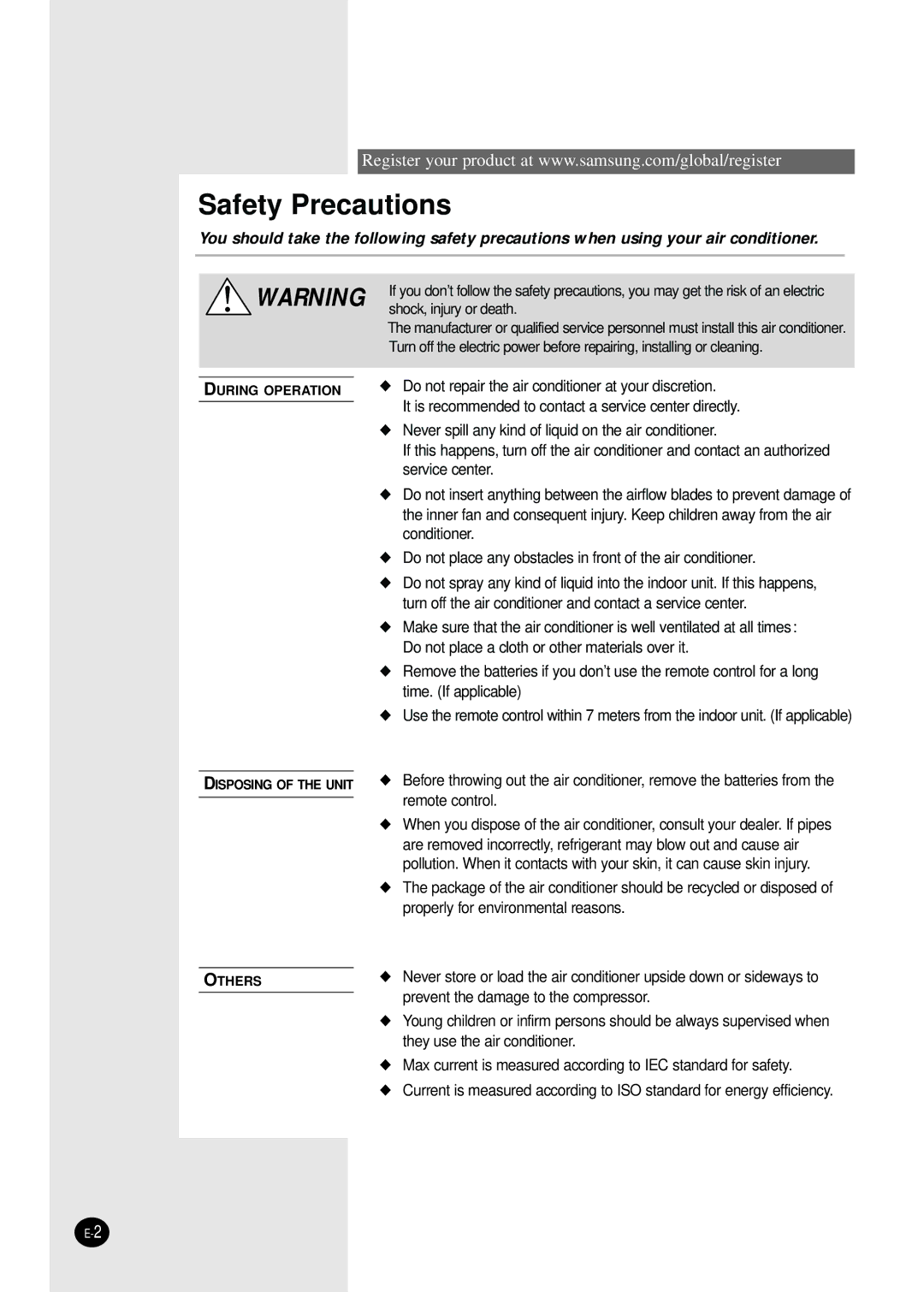 Samsung AS09HPBN, AS09HPAN, AS09HPAX, AS24HPAX, AS24HPBN, AS24HPBX, AS24HPAN, AS18HPBN, AS12HPAN, AS12HPBX Safety Precautions 