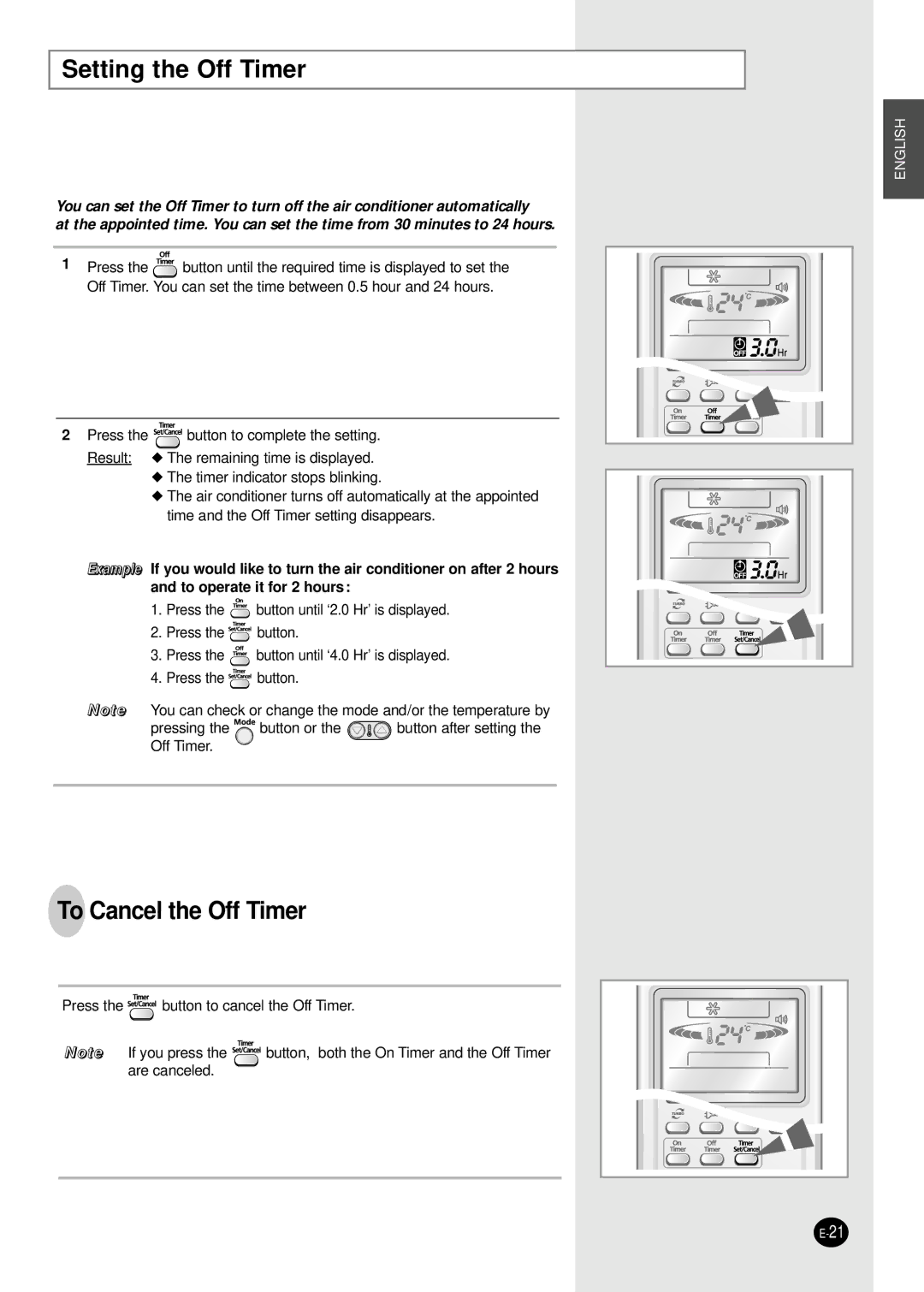 Samsung AS24HPBX, AS09HPAN, AS09HPAX, AS09HPBN, AS24HPAX, AS24HPBN, AS24HPAN Setting the Off Timer, To Cancel the Off Timer 