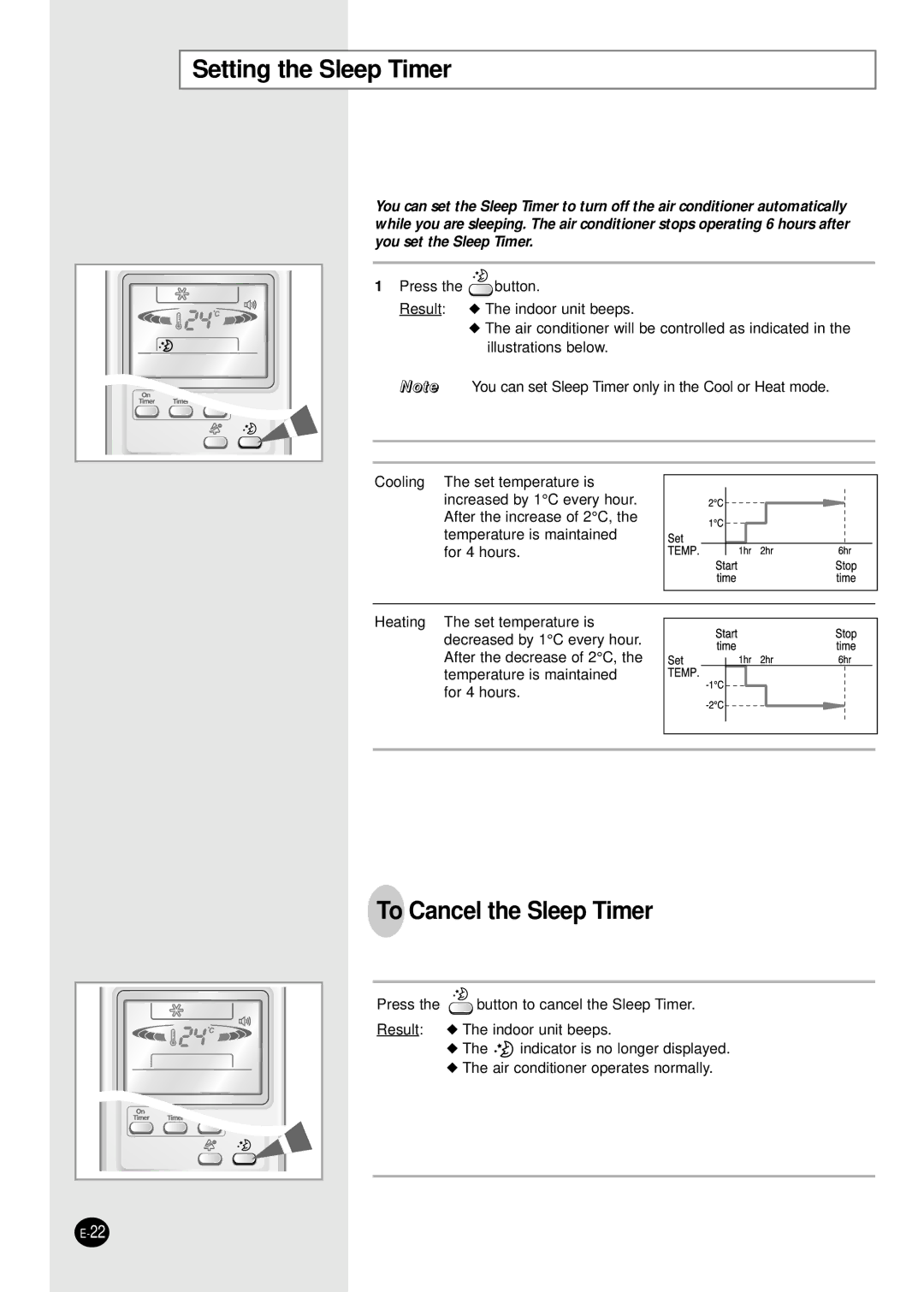 Samsung AS24HPAN, AS09HPAN, AS09HPAX, AS09HPBN, AS24HPAX, AS24HPBN, AS24HPBX Setting the Sleep Timer, To Cancel the Sleep Timer 