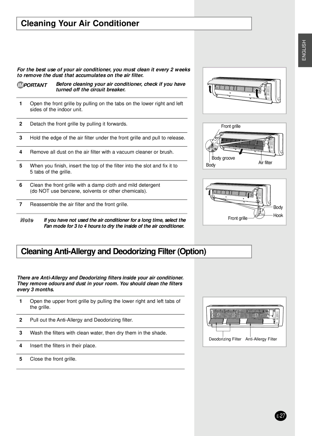 Samsung AS12HPBN, AS09HPAN, AS09HPAX Cleaning Your Air Conditioner, Cleaning Anti-Allergy and Deodorizing Filter Option 