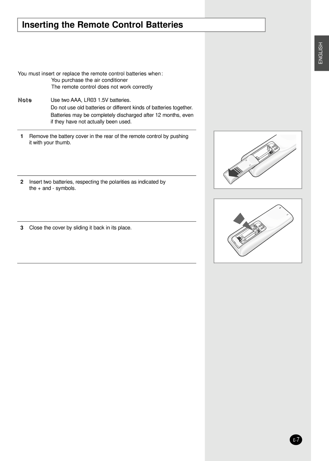 Samsung AS18HPBN, AS09HPAN, AS09HPAX, AS09HPBN, AS24HPAX, AS24HPBN, AS24HPBX, AS24HPAN Inserting the Remote Control Batteries 