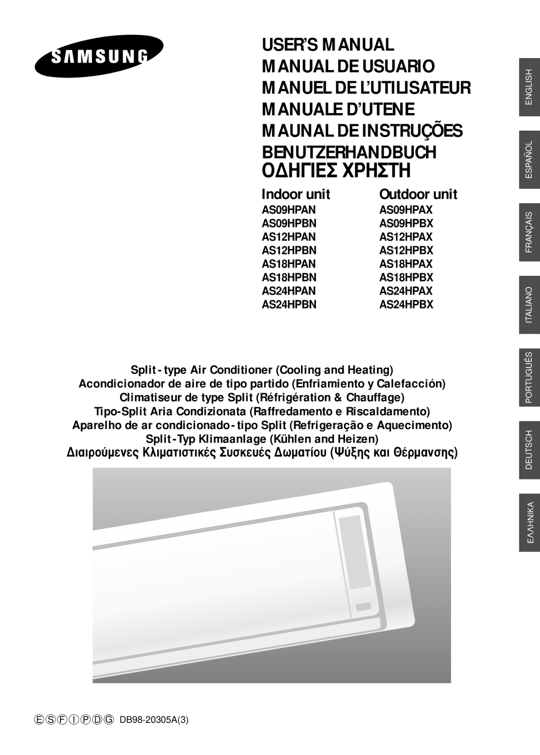 Samsung AS09HPAX, AS09HPAN, AS09HPBN, AS24HPAX, AS24HPBN, AS24HPBX user manual Benutzerhandbuch √¢∏π∂ Ãƒ∏∆∏ Indoor unit 