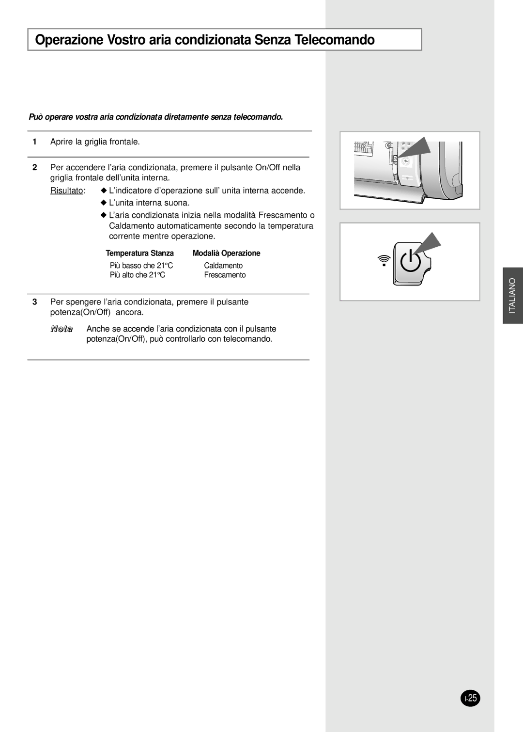 Samsung AS12HPBX, AS09HPAN, AS09HPAX, AS09HPBN Operazione Vostro aria condizionata Senza Telecomando, Temperatura Stanza 