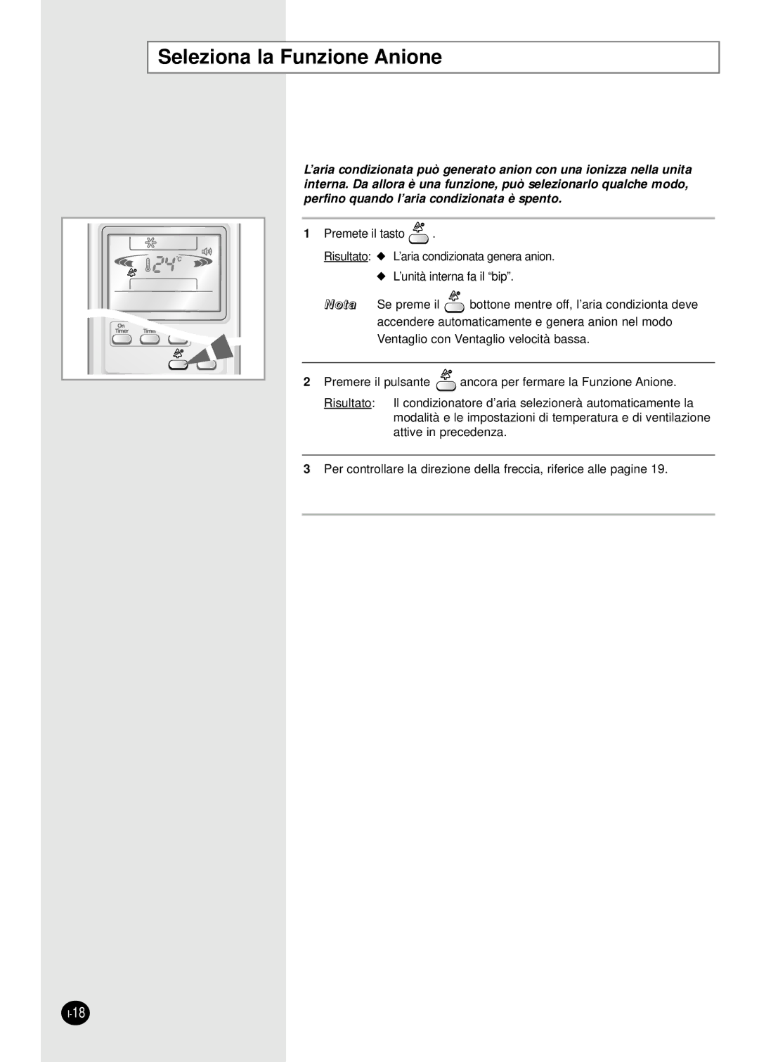 Samsung AS12HPAX, AS09HPBN, AS24HPBN, AS18HPBN, AS12HPBX, AS12HPBN, AS09HPBX manual Seleziona la Funzione Anione 