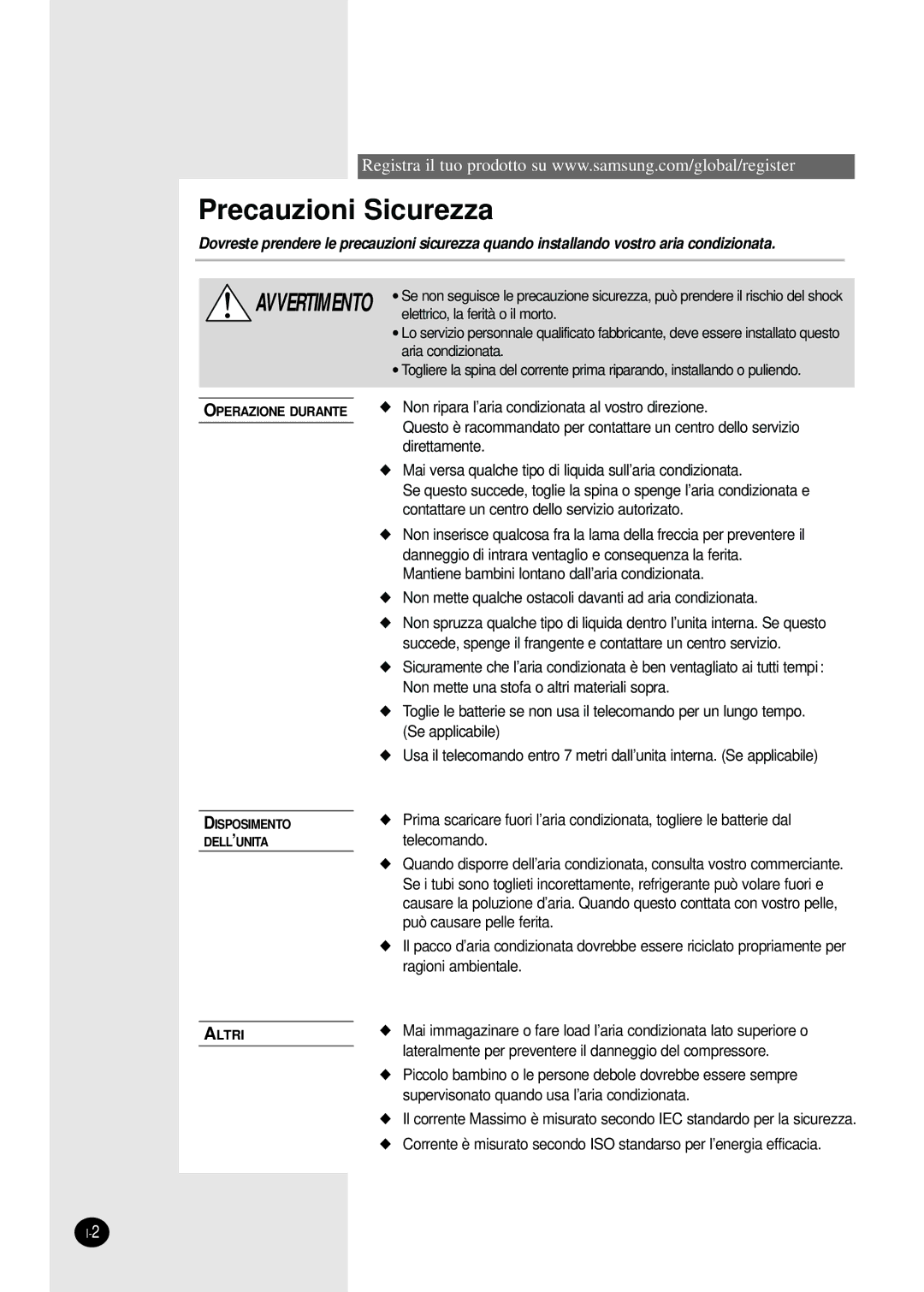 Samsung AS18HPBN, AS09HPBN, AS24HPBN, AS12HPBX, AS12HPAX, AS12HPBN, AS09HPBX manual Precauzioni Sicurezza 