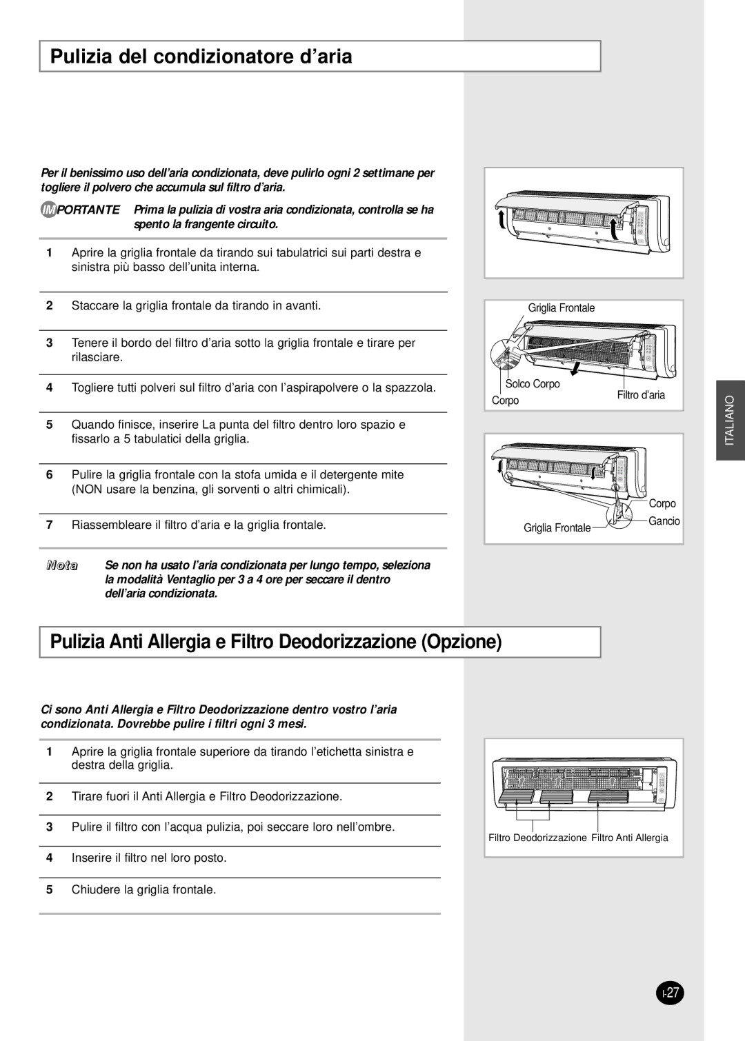 Samsung AS09HPBX, AS09HPBN manual Pulizia del condizionatore d’aria, Pulizia Anti Allergia e Filtro Deodorizzazione Opzione 