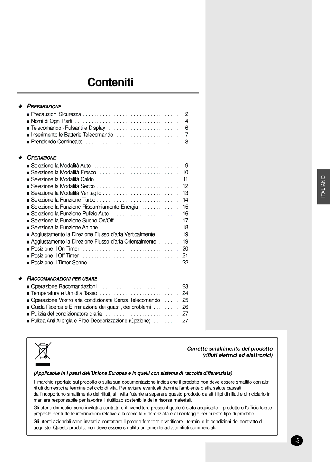 Samsung AS12HPBX, AS09HPBN, AS24HPBN, AS18HPBN, AS12HPAX, AS12HPBN, AS09HPBX manual Conteniti 