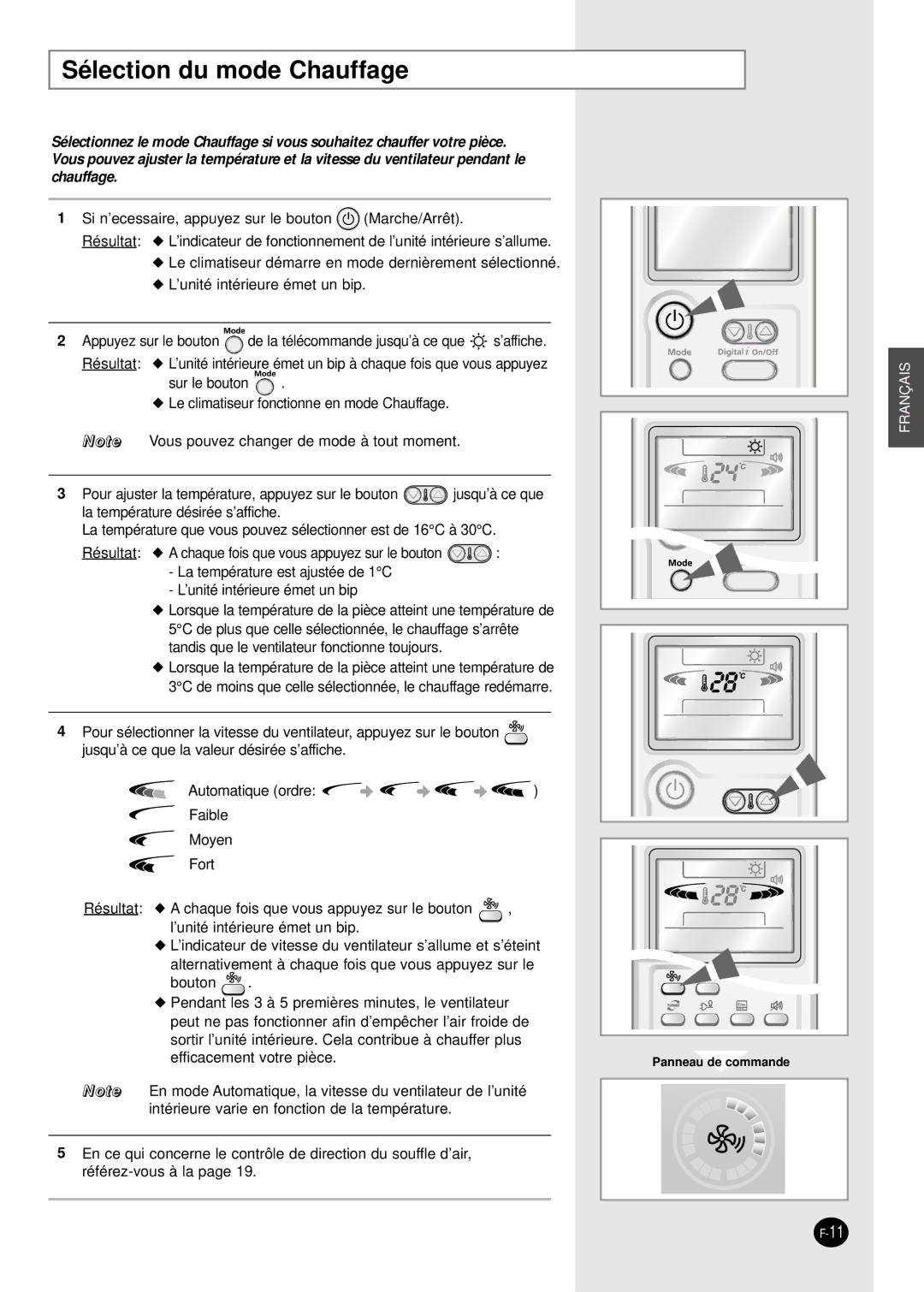 Samsung AS09HPBX, AS09HPBN, AS24HPBN, AS18HPBN, AS12HPBX, AS12HPBN manual Sélection du mode Chauffage 