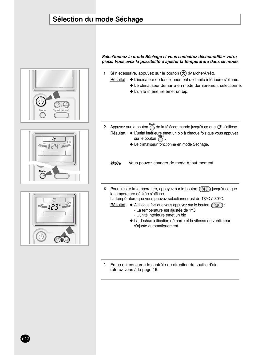 Samsung AS09HPBN, AS24HPBN, AS18HPBN, AS12HPBX, AS12HPBN, AS09HPBX manual Sélection du mode Séchage 