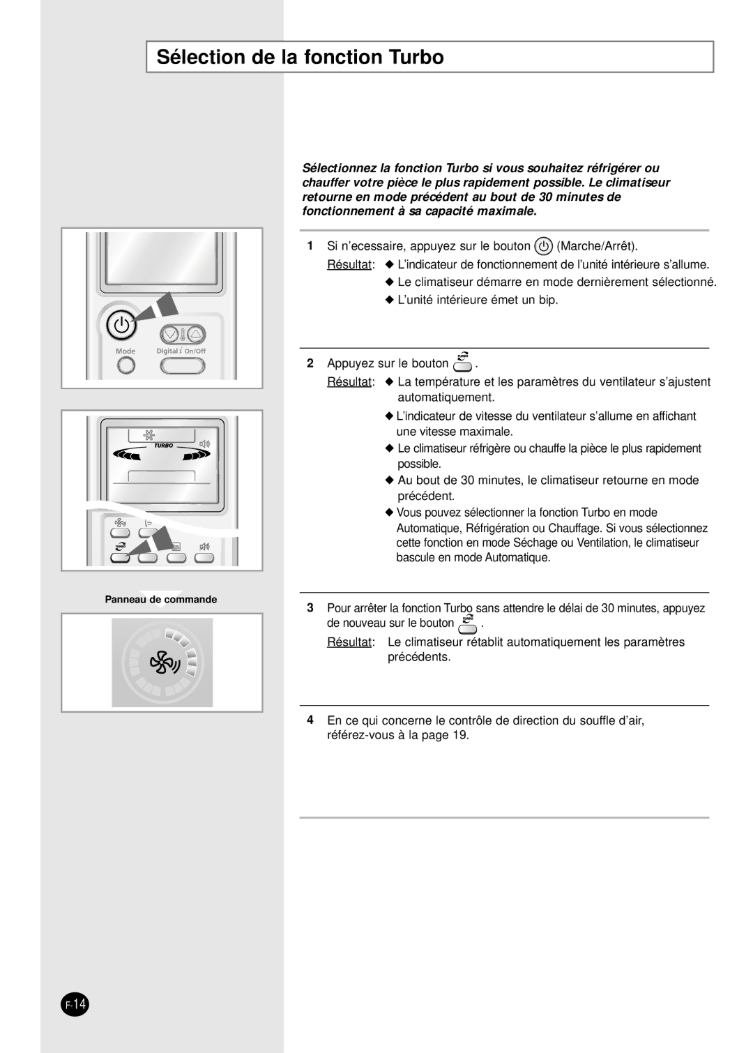 Samsung AS18HPBN, AS09HPBN, AS24HPBN, AS12HPBX, AS12HPBN, AS09HPBX manual Sélection de la fonction Turbo 