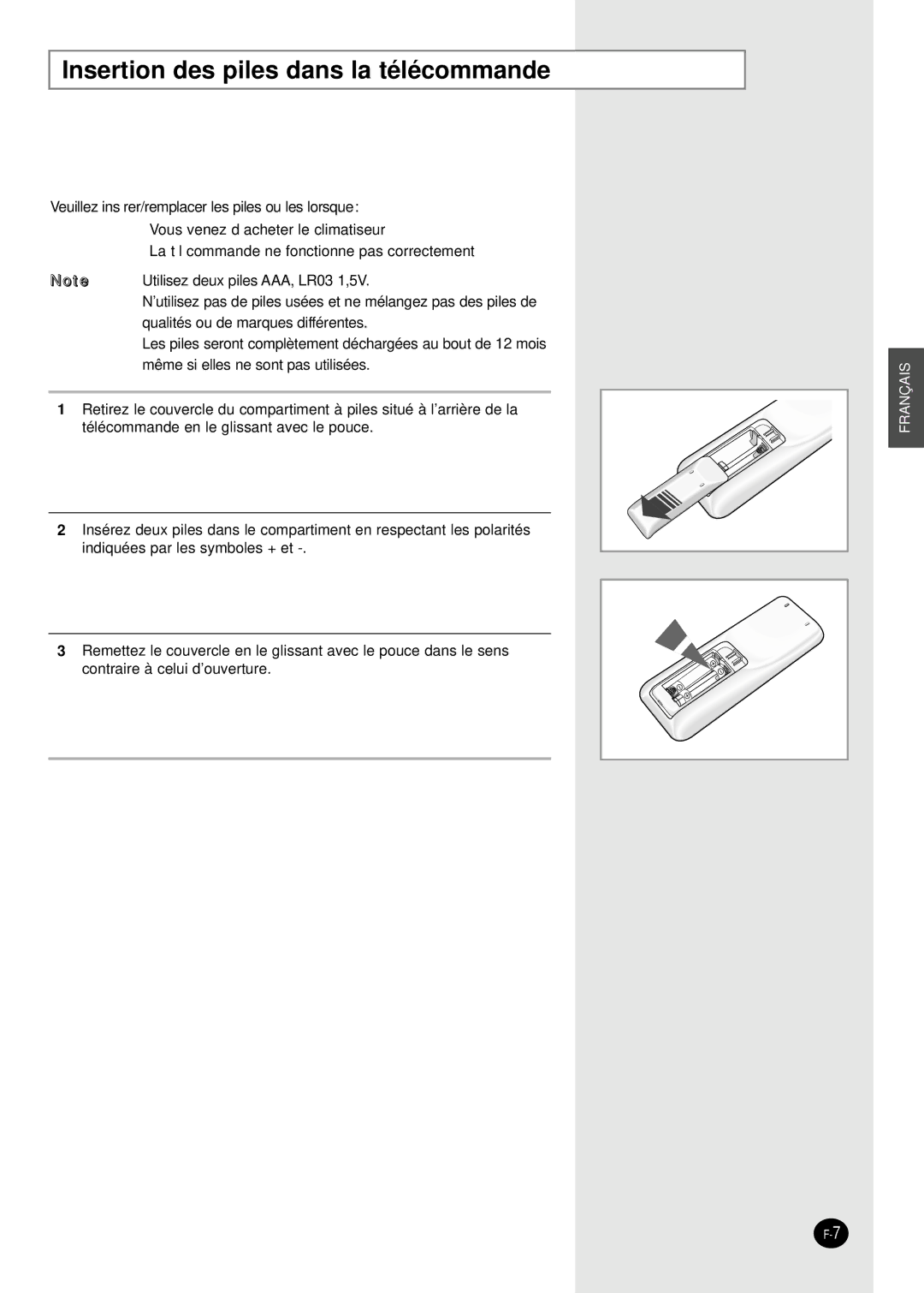 Samsung AS24HPBN, AS09HPBN, AS18HPBN, AS12HPBX, AS12HPBN, AS09HPBX manual Insertion des piles dans la télécommande 