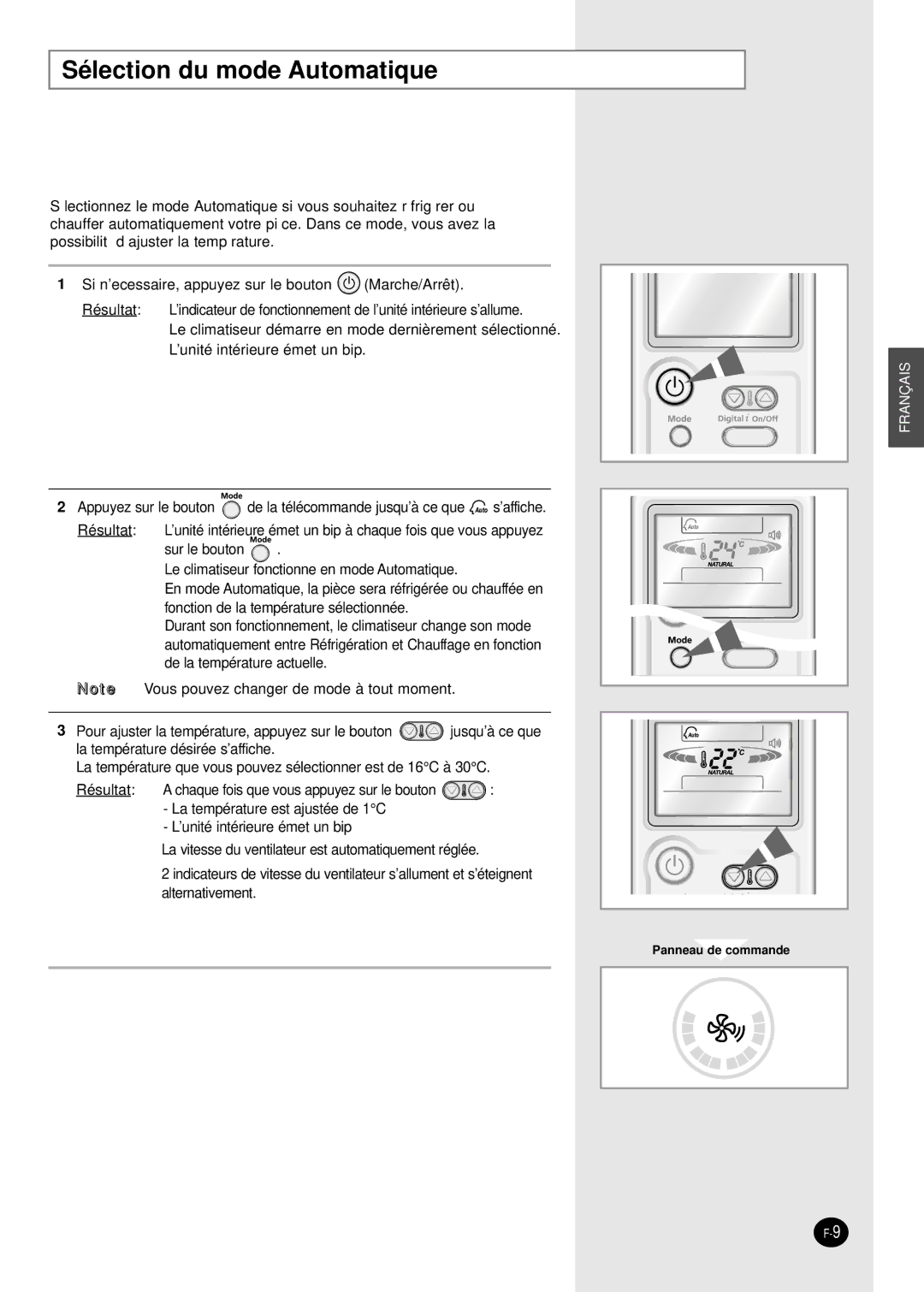 Samsung AS12HPBX, AS09HPBN, AS24HPBN, AS18HPBN, AS12HPBN, AS09HPBX manual Sélection du mode Automatique 