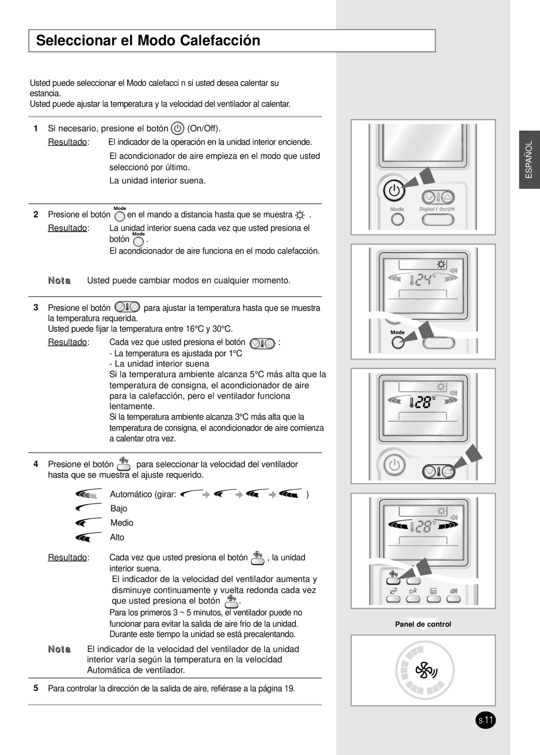 Samsung AS09HPBX, AS09HPBN, AS24HPBN, AS18HPBN, AS12HPBX, AS12HPBN manual Seleccionar el Modo Calefacción 