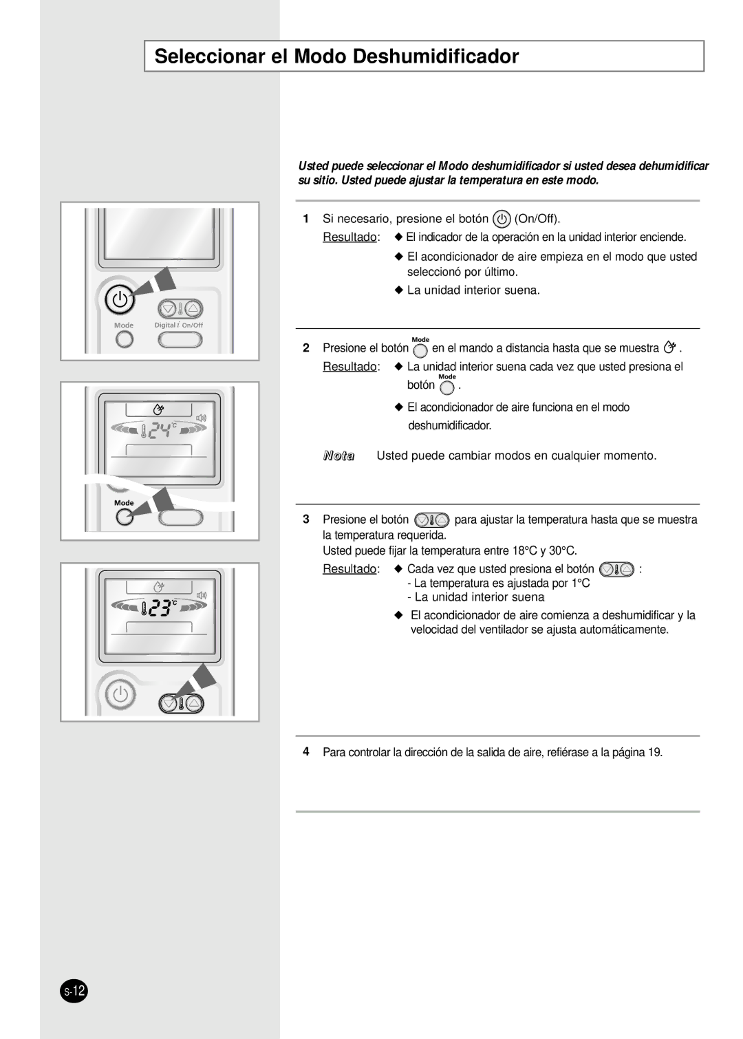 Samsung AS09HPBN, AS24HPBN, AS18HPBN, AS12HPBX, AS12HPBN, AS09HPBX manual Seleccionar el Modo Deshumidificador 