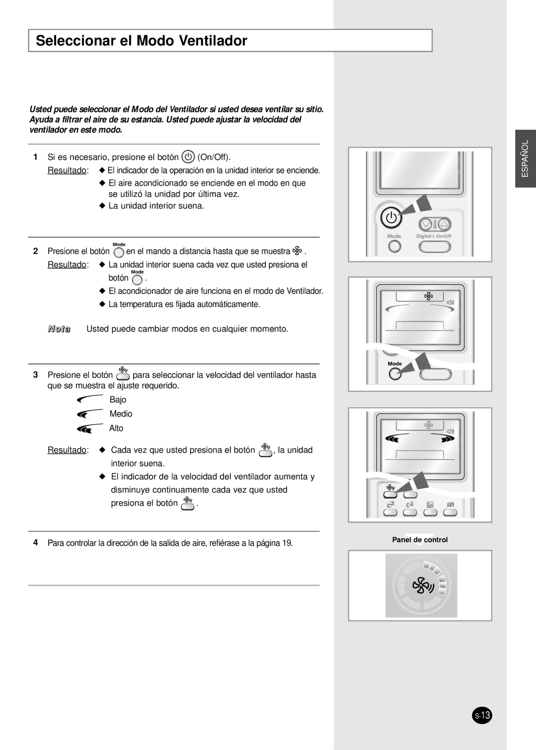 Samsung AS24HPBN, AS09HPBN, AS18HPBN, AS12HPBX, AS12HPBN, AS09HPBX manual Seleccionar el Modo Ventilador 