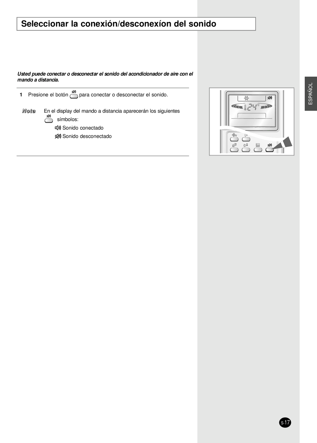 Samsung AS09HPBX, AS09HPBN, AS24HPBN, AS18HPBN, AS12HPBX, AS12HPBN manual Seleccionar la conexión/desconexíon del sonido 