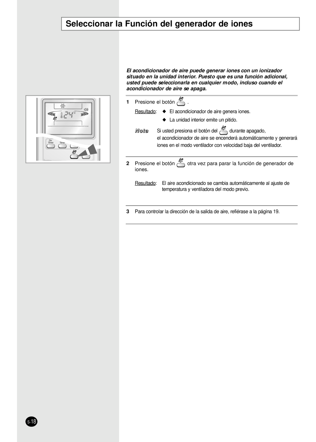 Samsung AS09HPBN, AS24HPBN, AS18HPBN, AS12HPBX, AS12HPBN, AS09HPBX manual Seleccionar la Función del generador de iones 